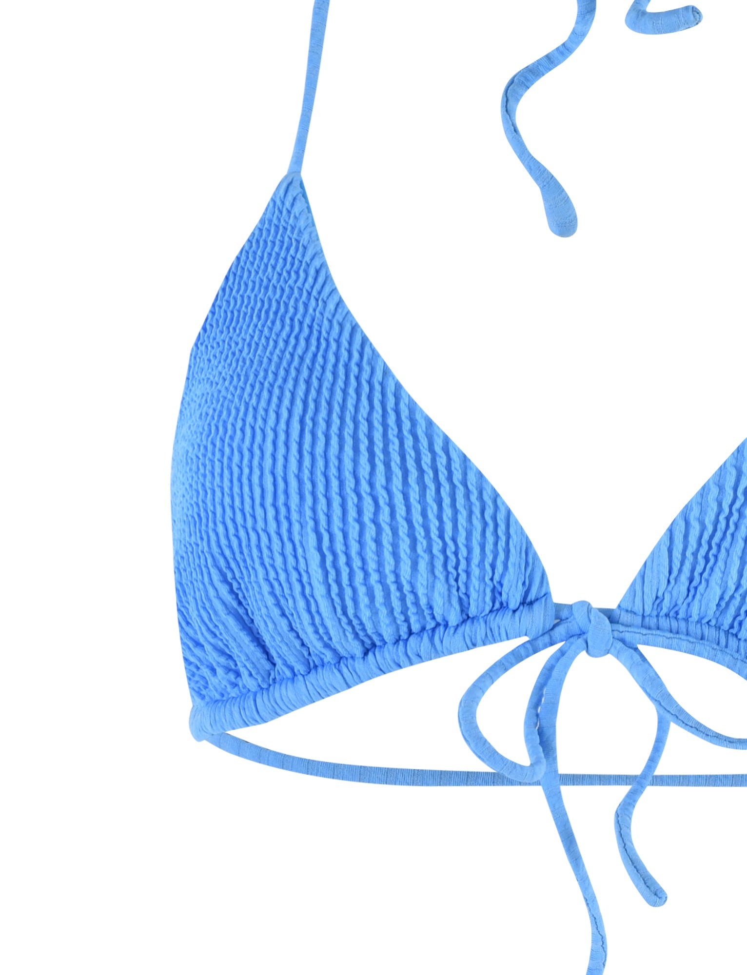 Close-up image of a Royal Blue TIGERMIST YVE BIKINI TOP featuring thin, adjustable straps that tie around the neck and back. The textured fabric has a shirred, ruched design, adding a stylish and detailed look to the swimsuit.