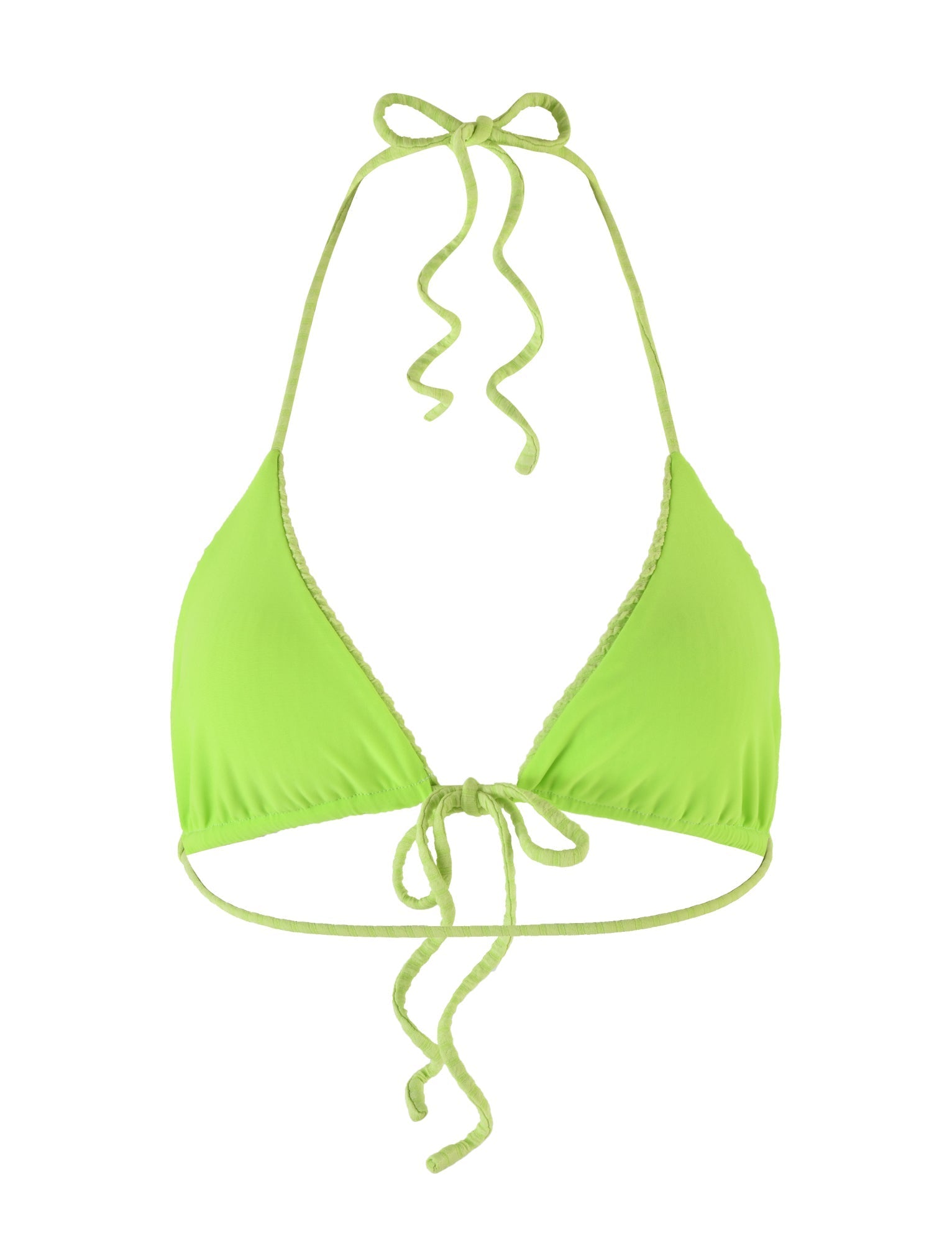 A TIGERMIST YVE BIKINI TOP - GREEN in Lime Green, featuring string ties at the neck and back, is displayed against a white background. The fabric looks smooth and slightly shiny.