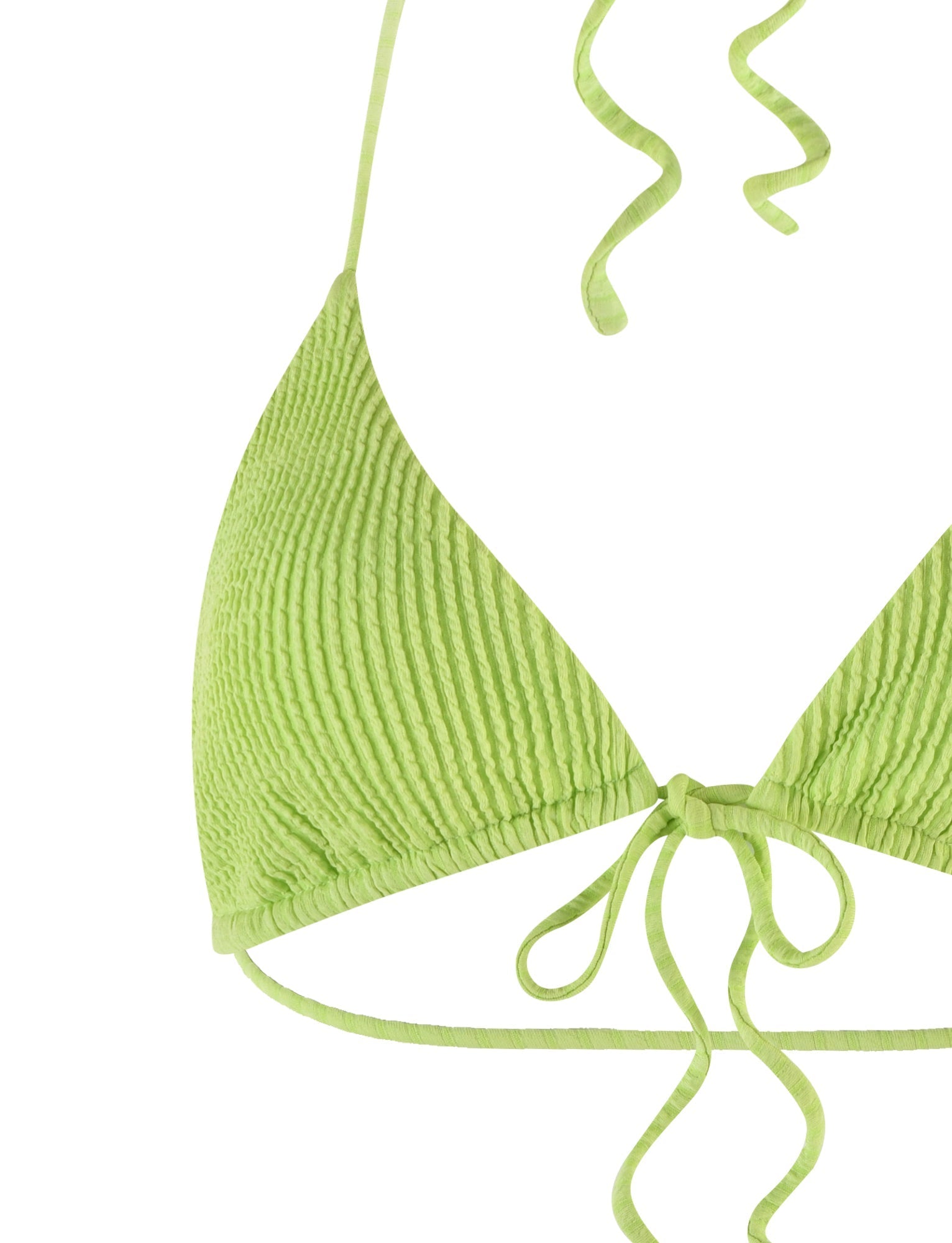 A close-up photo of the YVE Bikini Top in Lime Green from TIGERMIST on a plain white background. The bikini top features a ribbed fabric pattern, adjustable halter neck straps, and a tie-front at the bust.