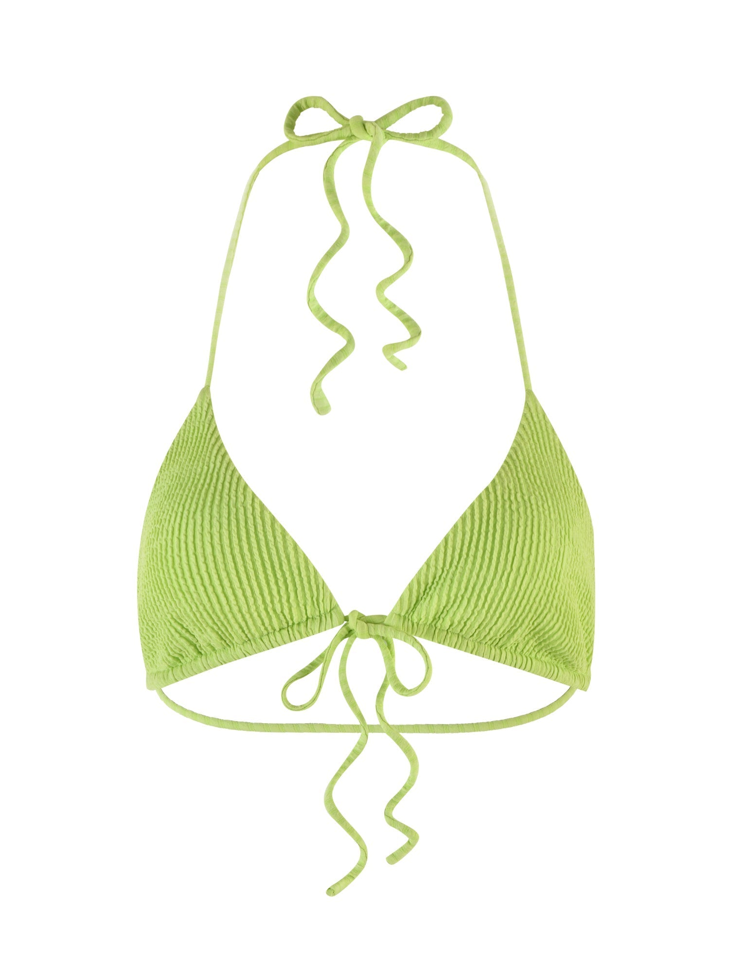 The Yve Bikini Top in lime green from Tiger Mist features a vibrant ribbed texture. This top has triangle-shaped cups and is secured with string ties around the neck and back, complete with long, slightly curly strings at the ends.