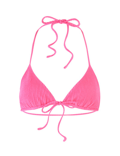 Introducing the YVE Bikini Top in Bubblegum Pink from TIGERMIST. This hot pink triangle bikini top features halter neck straps that tie at the back of the neck, along with textured fabric and adjustable ties at the front to secure around your chest.