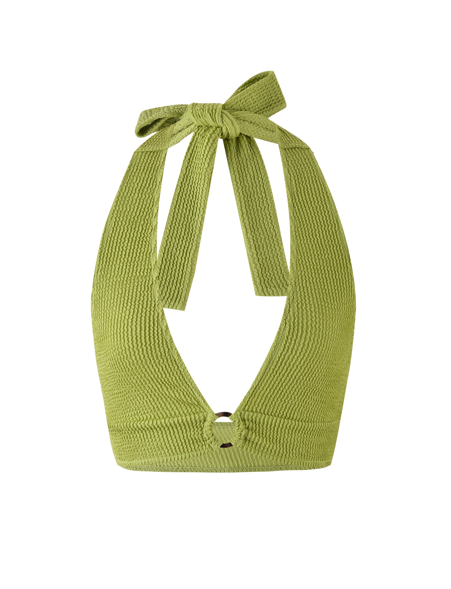 The NEERA TOP - GREEN by TIGERMIST is a lime green halter top crafted from textured, ribbed fabric. It boasts a deep V-neckline and fastens with a bow knot at the back of the neck. This sleeveless top has a slightly cropped length.