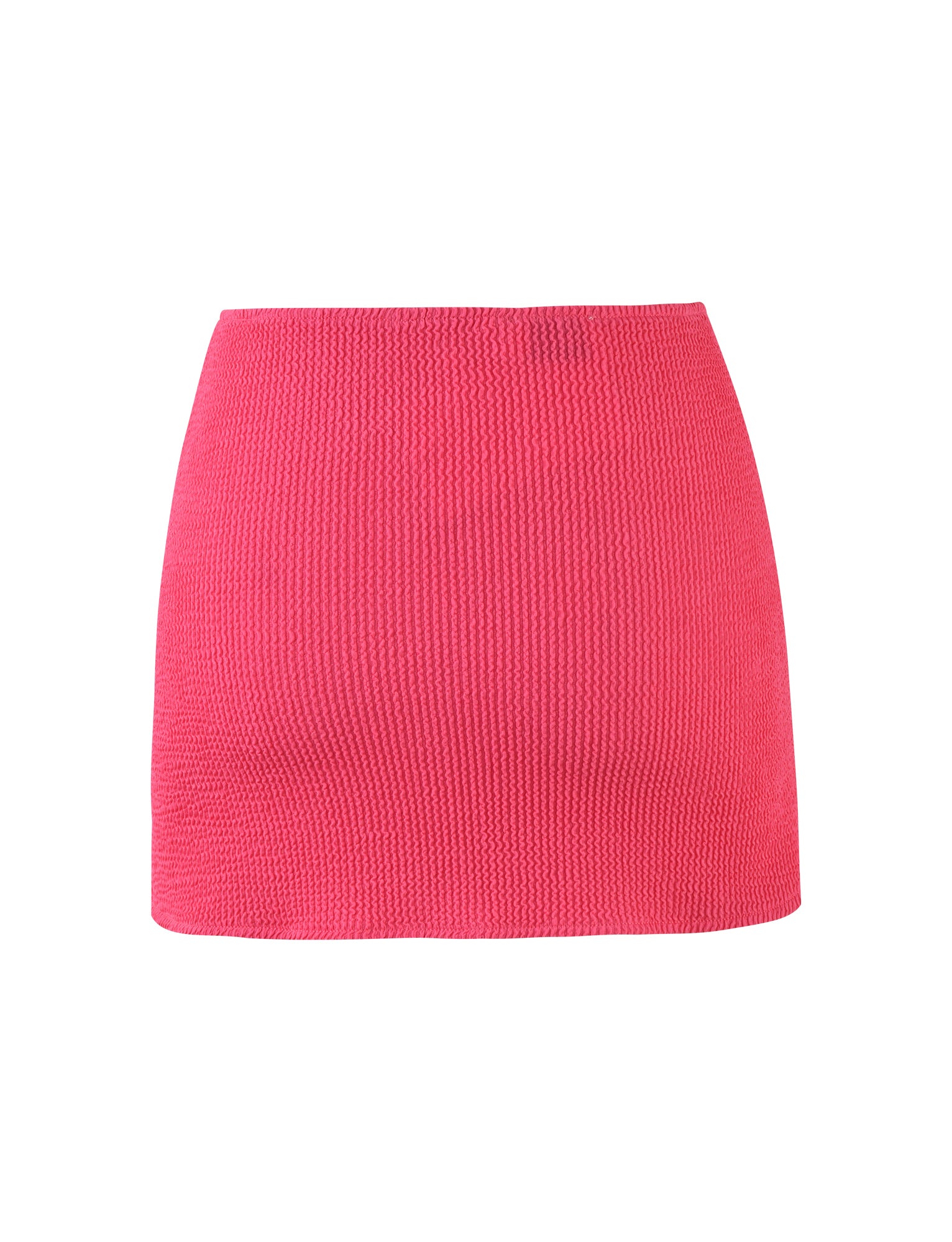 The NEERA MINI SKIRT in Hot Pink/Fuchsia from TIGERMIST is a high-waisted, fitted mini skirt featuring textured fabric. Its simple and sleek design lacks any visible embellishments or pockets, while the straight hemline falls above the knee to exude effortless elegance.