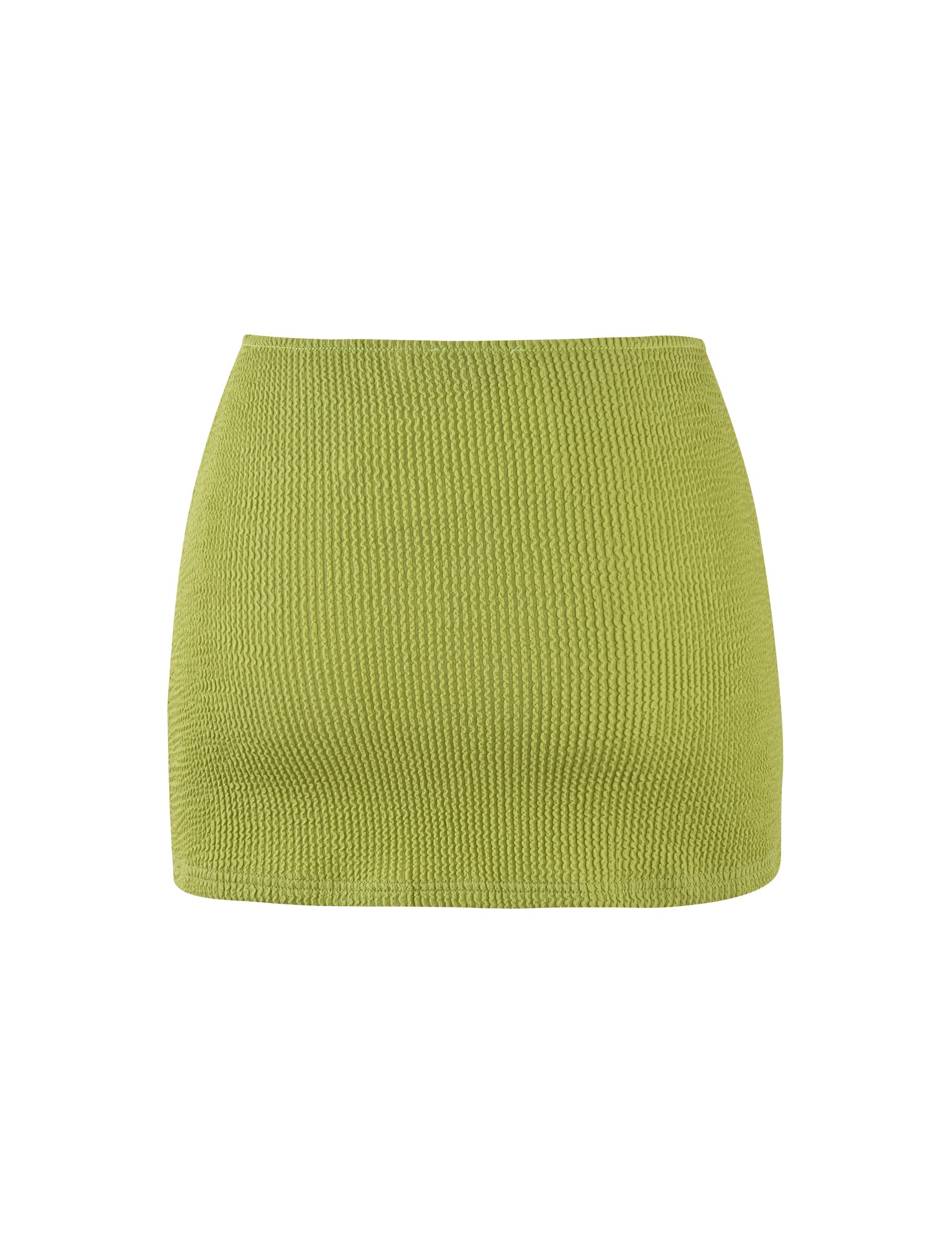 The NEERA MINI SKIRT - GREEN: LIME GREEN from TIGERMIST is displayed. This high-waisted, form-fitting mini skirt features a knit fabric with a slightly ribbed texture, presenting a simple and unadorned style.