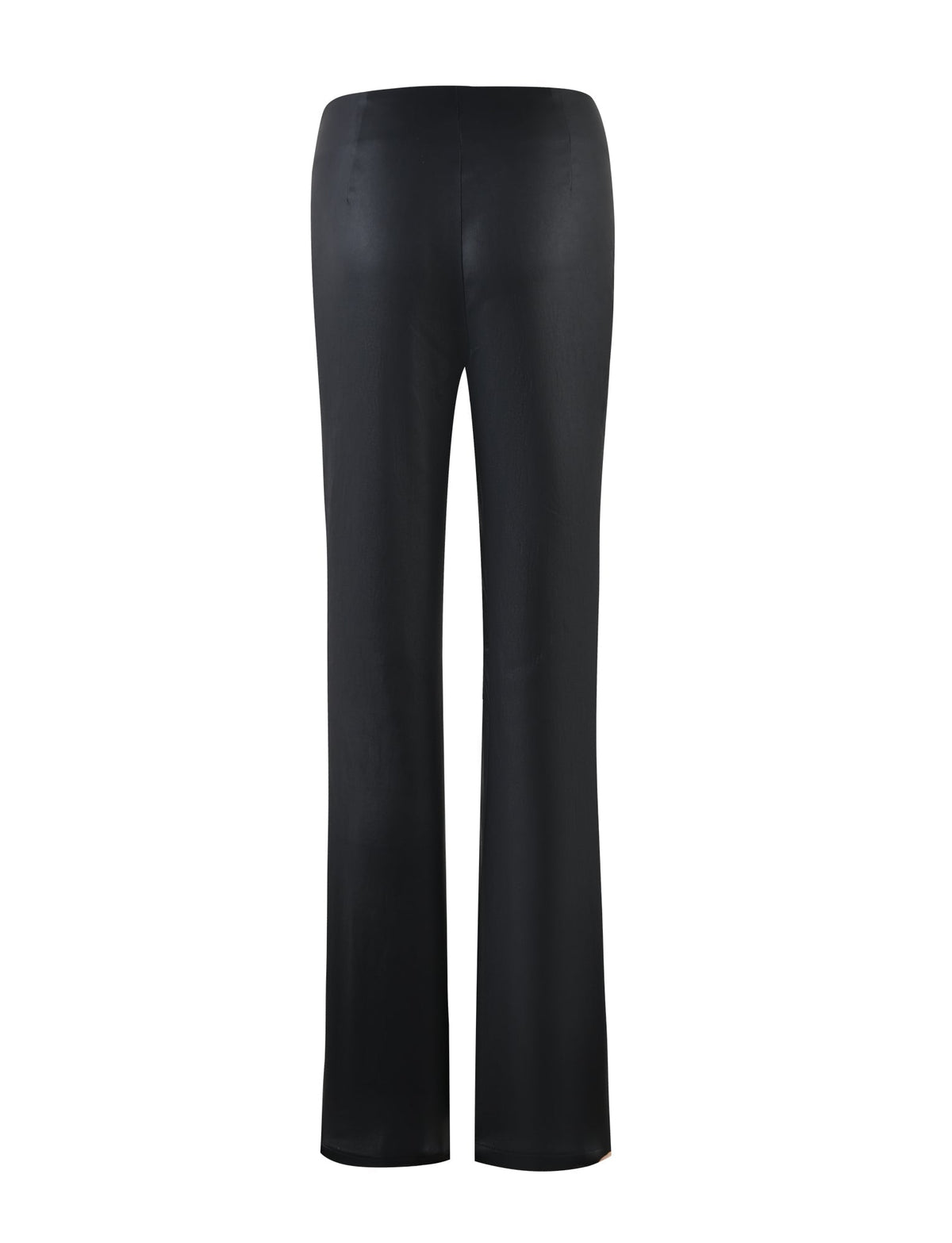 Rear view of the DOPHA PANT - BLACK from TIGERMIST, showcasing a pair of black, straight-leg pants against a white backdrop. The pants feature a smooth, sleek finish with a slight sheen, giving them an elongated and fitted appearance. The obscured waistband hints at a high-rise design.