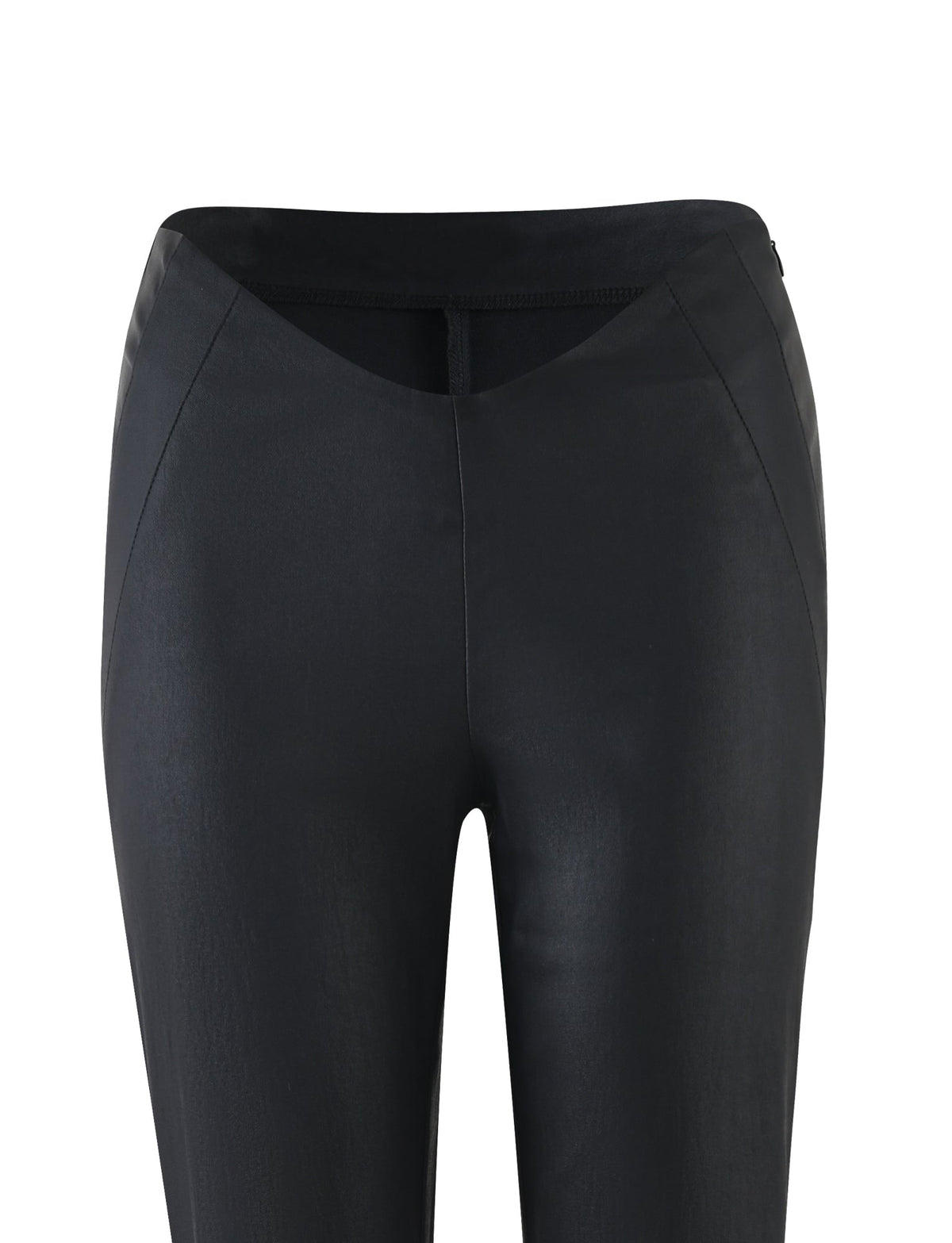 A pair of DOPHA PANT - BLACK from TIGERMIST, featuring a high-waisted design and made from a smooth, slightly shiny material. The pants have a fitted style with seam details running down the front of each leg. The image showcases the pants from the waist to the upper thighs against a white background.