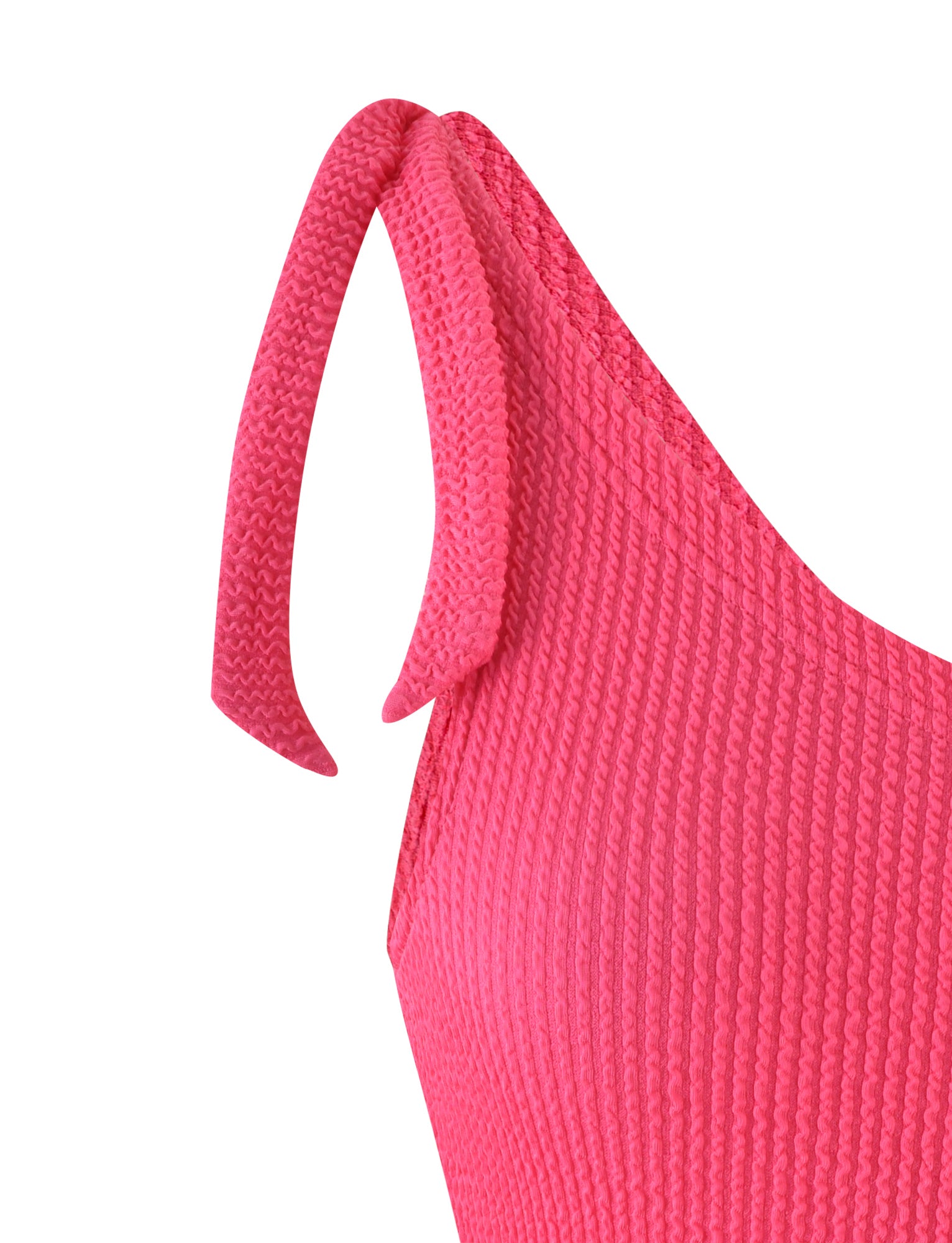 A close-up of the DEANNA TOP - PINK : HOT PINK : FUCHSIA from TIGERMIST: This women's sleeveless top features a shoulder strap tied in a knot and is made from ribbed fabric that showcases a detailed pattern. The vibrant fuchsia color stands out, while the knotted strap adds a casual yet stylish touch to the design.