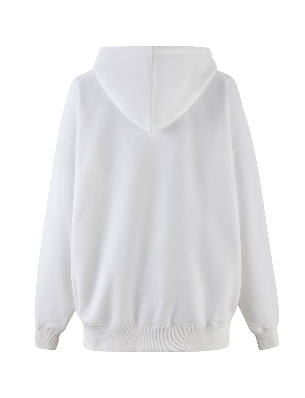 The image showcases the back view of the LUMEN HOODIE - WHITE by TIGERMIST. This loungewear hoodie features an oversized silhouette with a large, relaxed fit, hood, long sleeves, and ribbed cuffs and hem. It also includes a kangaroo pocket that enhances its casual vibe. The fabric looks soft and comfortable, ideal for everyday wear.