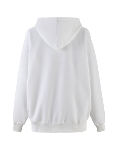 The image showcases the back view of the LUMEN HOODIE - WHITE by TIGERMIST. This loungewear hoodie features an oversized silhouette with a large, relaxed fit, hood, long sleeves, and ribbed cuffs and hem. It also includes a kangaroo pocket that enhances its casual vibe. The fabric looks soft and comfortable, ideal for everyday wear.