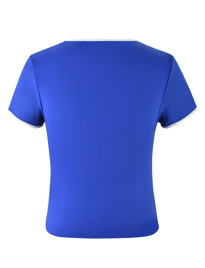 A blue short-sleeved Delaney Tee by TigerMist with a white trim around the hem of the sleeves and the neckline, displayed from the back. The shirt has no visible patterns or designs.