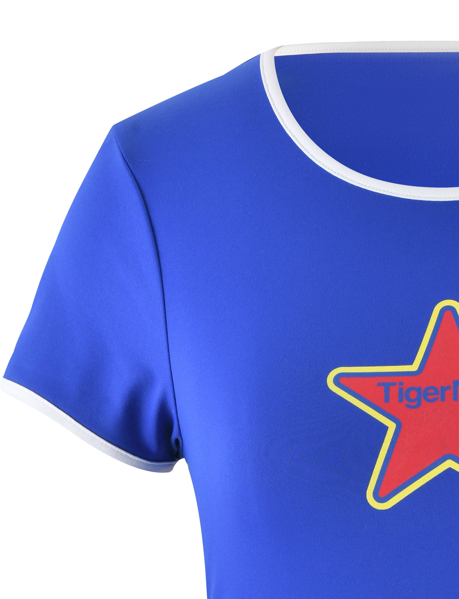 Close-up image of the DELANEY TEE - BLUE, a shirt featuring a red star design with yellow borders and white piping around the collar and sleeve. The word "TIGERMIST" is partially visible within the star graphic.