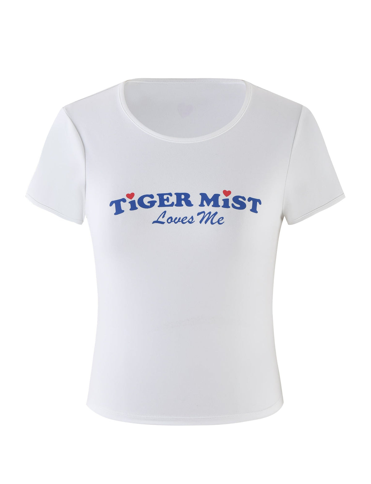 The DELANEY TEE - WHITE by TIGERMIST is a white, short-sleeved t-shirt featuring the text "Loves Me" in blue, with small red hearts above the "i" and "o," centered on the front of the shirt. It has a crew neckline and a slim fit design.