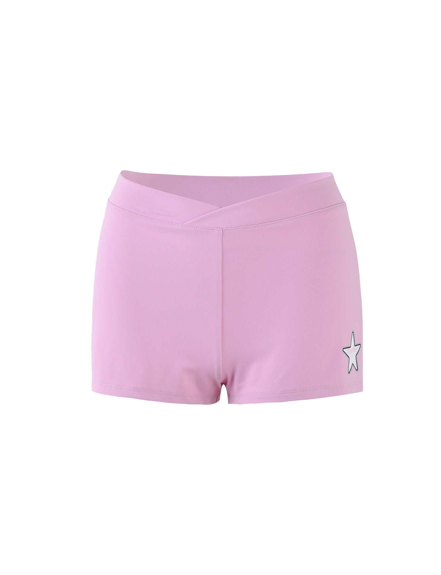 Introducing the DELANEY SHORT - PINK by TIGERMIST, featuring a pale pink tone and a V-shaped, low-rise waistband. These bodycon shorts come adorned with a subtle white star logo on one leg. Isolated against a white background, they strike the perfect balance between comfort and style.