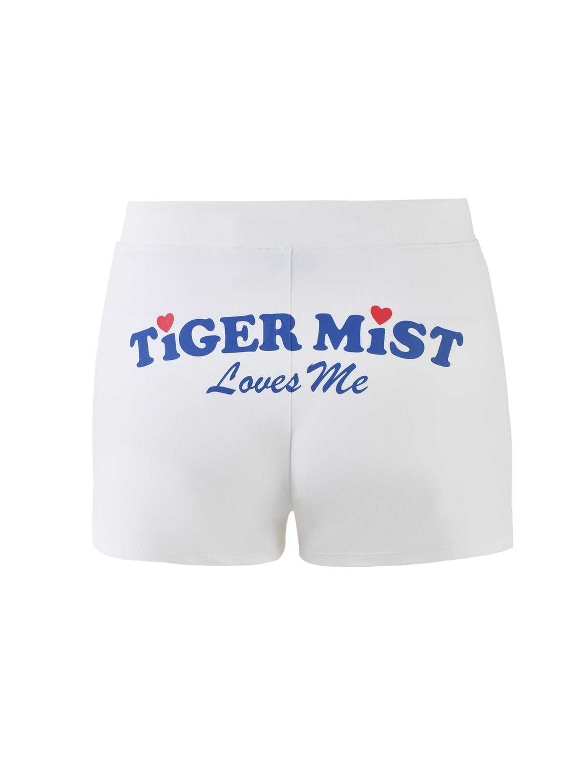 TIGERMIST's DELANEY SHORT in white features a high waistband and prominent blue text on the back that reads, "TIGERMIST Loves Me," accented with small red hearts. These shorts have a smooth finish.