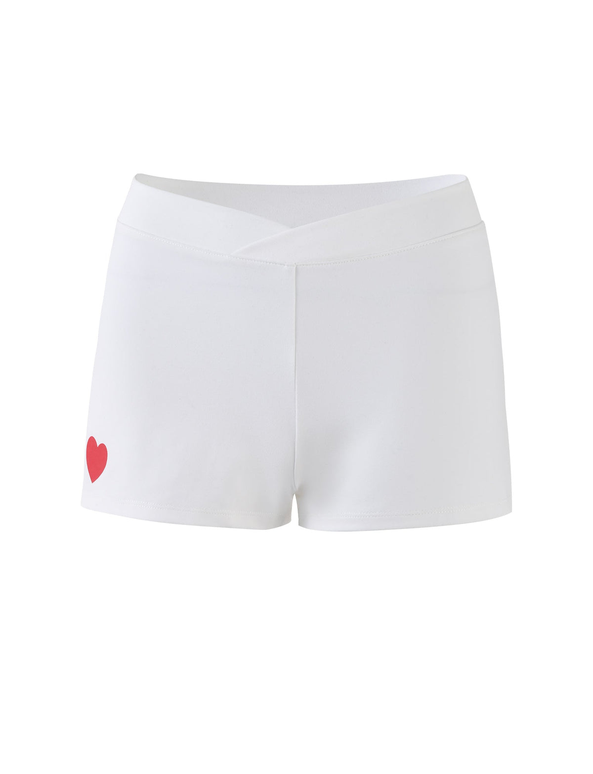 The DELANEY SHORT - WHITE by TIGERMIST are white athletic shorts that feature a high waistband and a small red heart graphic on the lower left side. The fabric is stretchy, and the design is simple and stylish.