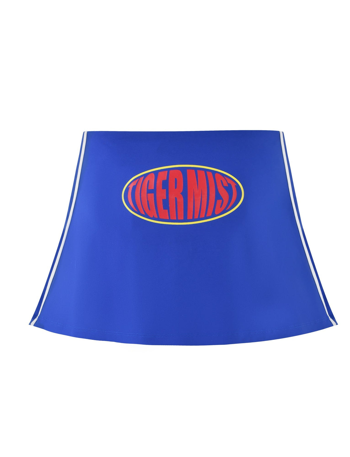 Introducing the DELANEY SKORT - BLUE by TIGERMIST: A blue athletic skort featuring white side stripes and a striking red and yellow "TIGERMIST" logo in the center. The skort has a slight A-line cut, giving it a sporty and stylish appearance.