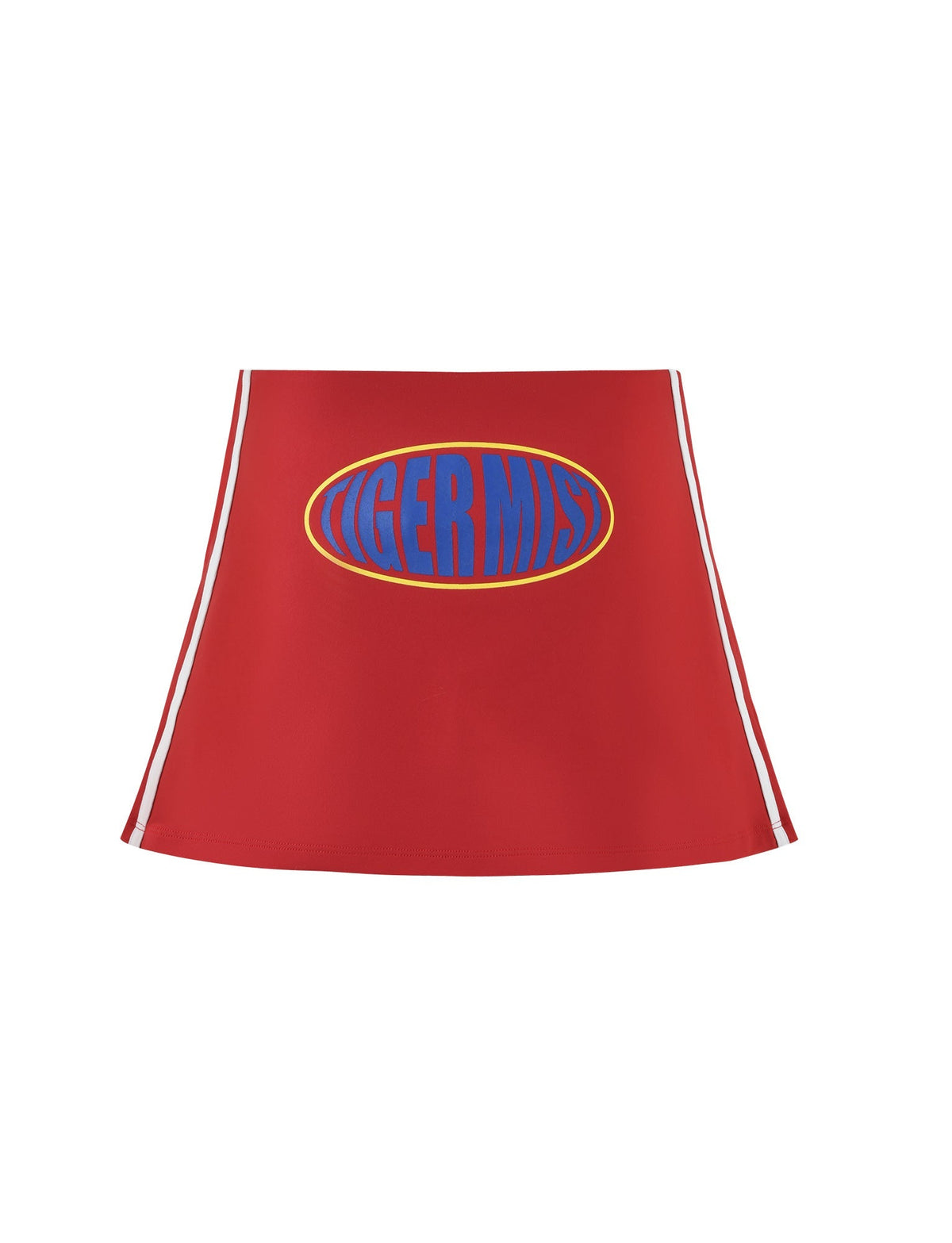 The DELANEY SKORT - RED by TIGERMIST is a red mini skirt featuring white side stripes and a large oval logo with the words "TIGERMIST" in blue and outlined in yellow. The sporty, casual design embodies the unique style of TIGERMIST, making it perfect for an effortlessly chic look.
