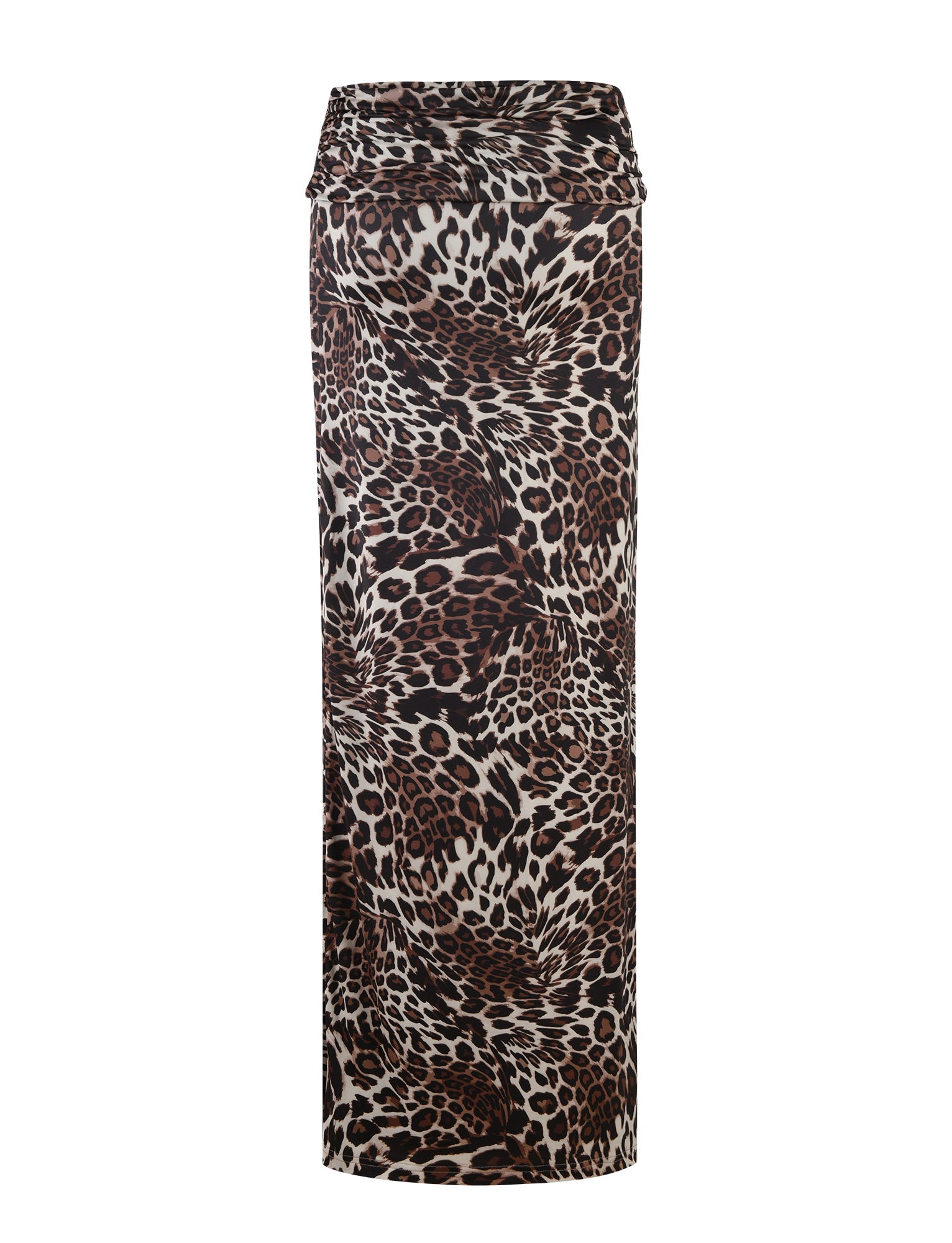The Cynthia Maxi Skirt - Multi : Leopard from TigerMist is a long, floor-length pencil skirt featuring a bold leopard print pattern. This form-fitting, high-waisted design showcases various shades of brown, black, and white in the animal print.