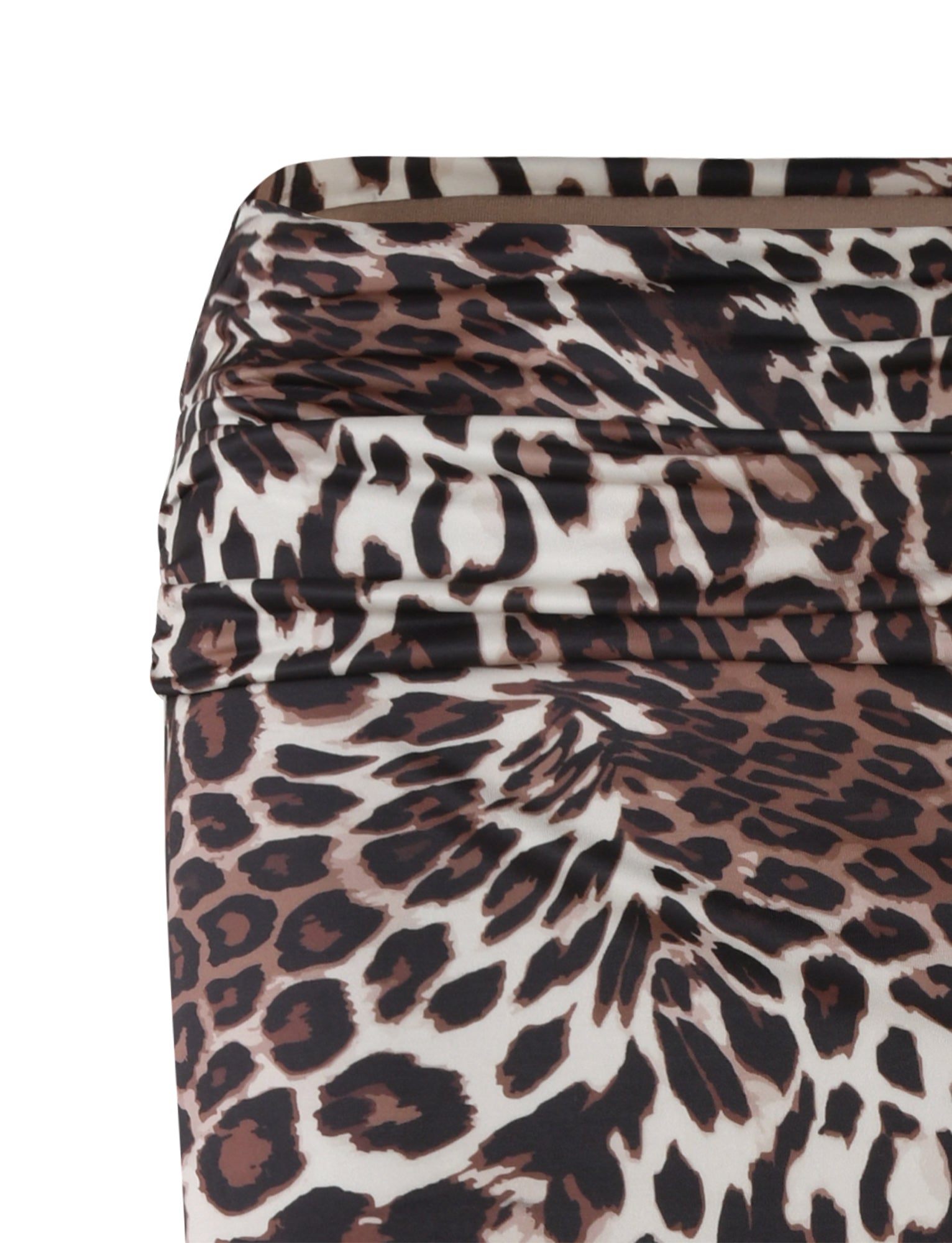 A close-up image of a fabric showcasing a Leopard print pattern in shades of brown, black, and white. The fabric appears to be gathered or ruched at the top, reminiscent of the bold and captivating designs typical of TIGERMIST's Cynthia Maxi Skirt - Multi: Leopard.