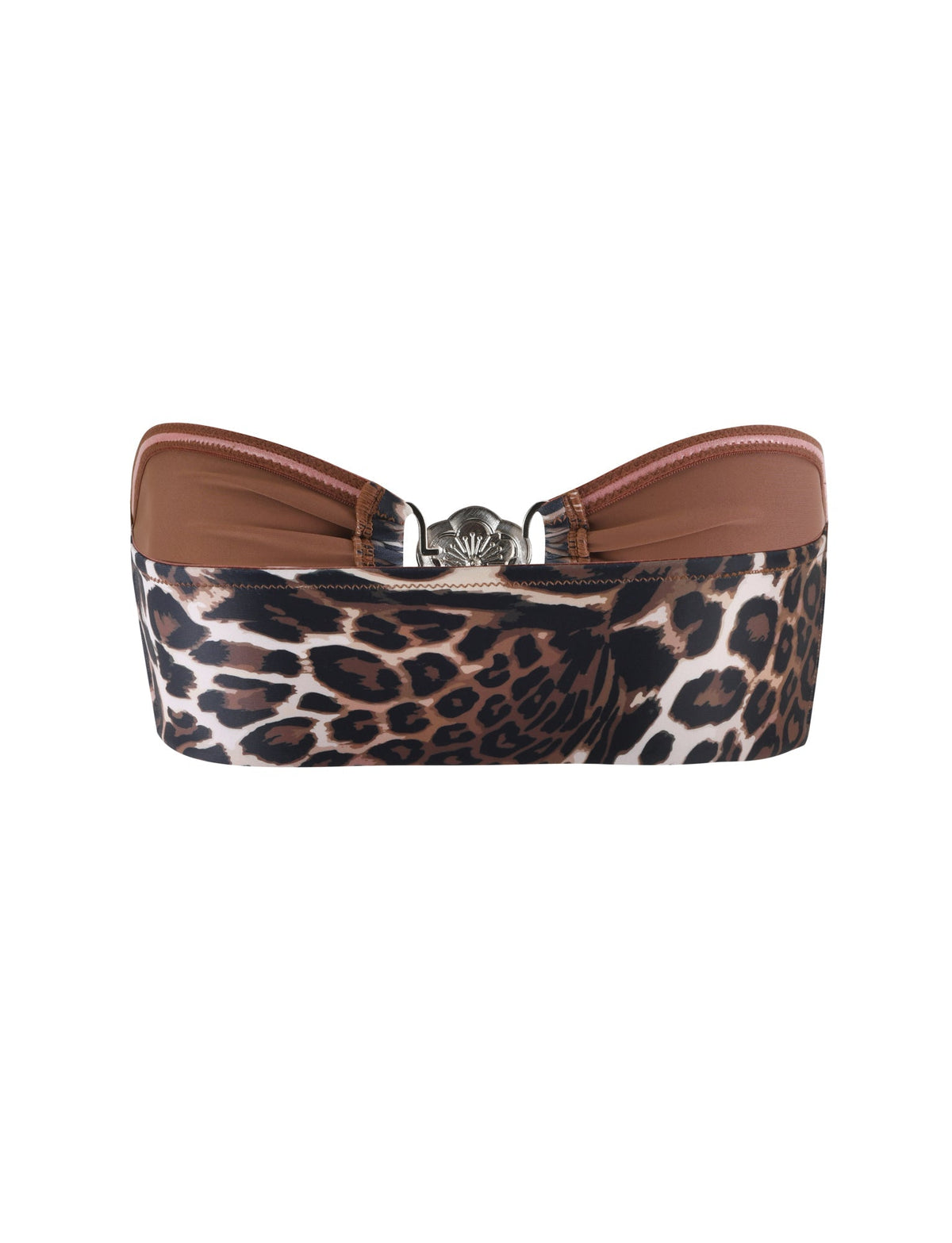 An image of the Cynthia Bikini Top - Multi: Leopard from TigerMist, showcasing a leopard print design. The strapless bandeau top features a twisted center with a metallic clasp for closure and has an interior lining in solid brown.