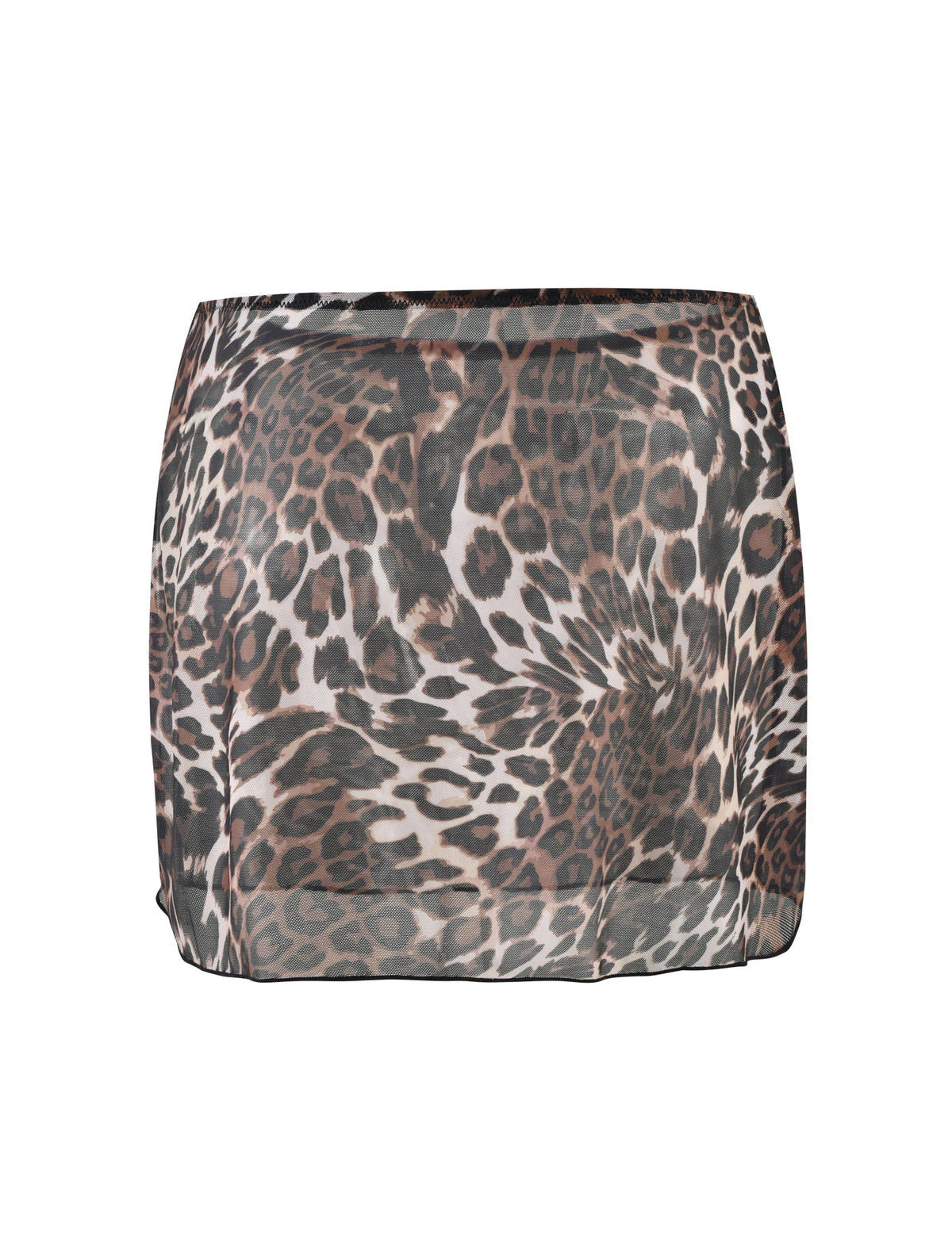 The Cynthia Mini Mesh Skirt - Multi: Leopard by TIGERMIST is a fitted, above-the-knee skirt featuring a bold leopard print pattern in various shades of brown, black, and white. It has a high waist and a slight sheen, giving it a chic and stylish appearance.