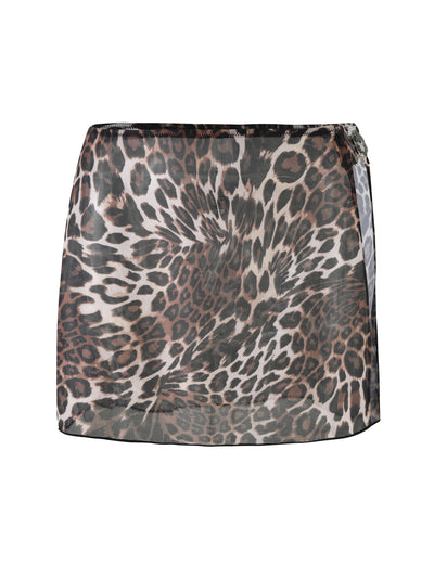 The CYNTHIA MINI MESH SKIRT - MULTI: LEOPARD by TIGERMIST is a short skirt with a straight cut, featuring a leopard print pattern in various shades of brown and black on a white background, displayed against a plain white backdrop.
