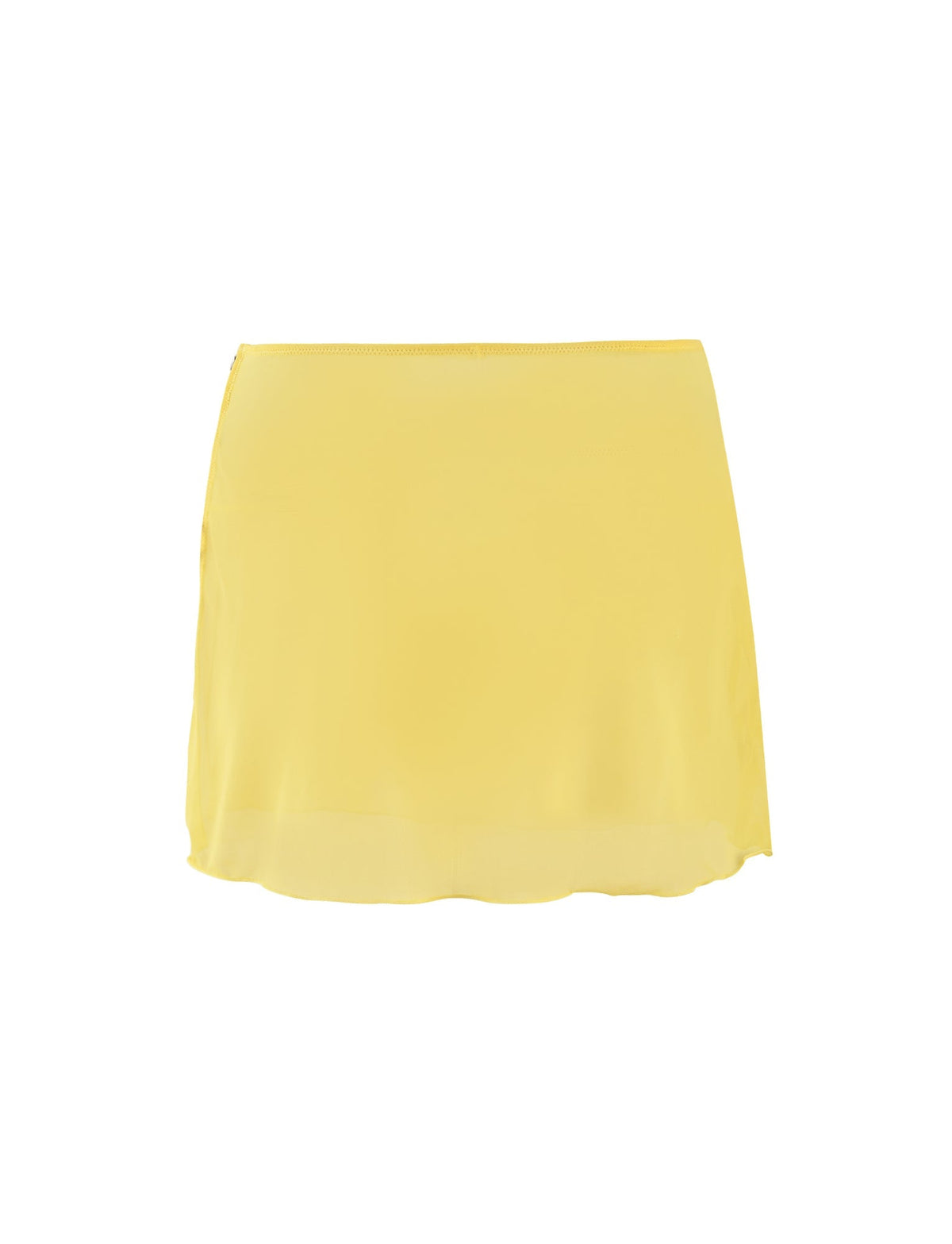 A smooth, silky-textured mini skirt in pale yellow from TIGERMIST named "CYNTHIA MINI MESH SKIRT - YELLOW." The skirt features a simple, straight design with a slightly wavy hemline and is made of lightweight fabric, set against a plain white background.