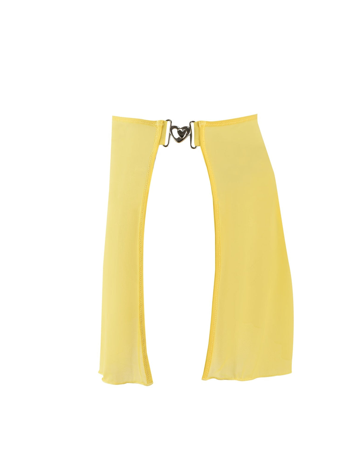 A pair of pale yellow fabric panels from TIGERMIST's Cynthia Mini Mesh Skirt with a silver metal heart-shaped clasp at the top. The panels are designed to hang vertically, creating an open space between them. The fabric appears lightweight and flowy.