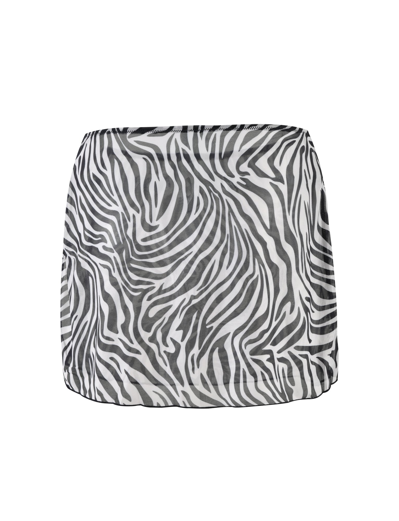 The CYNTHIA MINI MESH SKIRT from TIGERMIST features a zebra print design, showcasing black and white wavy stripes that mimic a zebra's pattern. This form-fitting skirt is made from lightweight mesh material, offering both style and comfort.