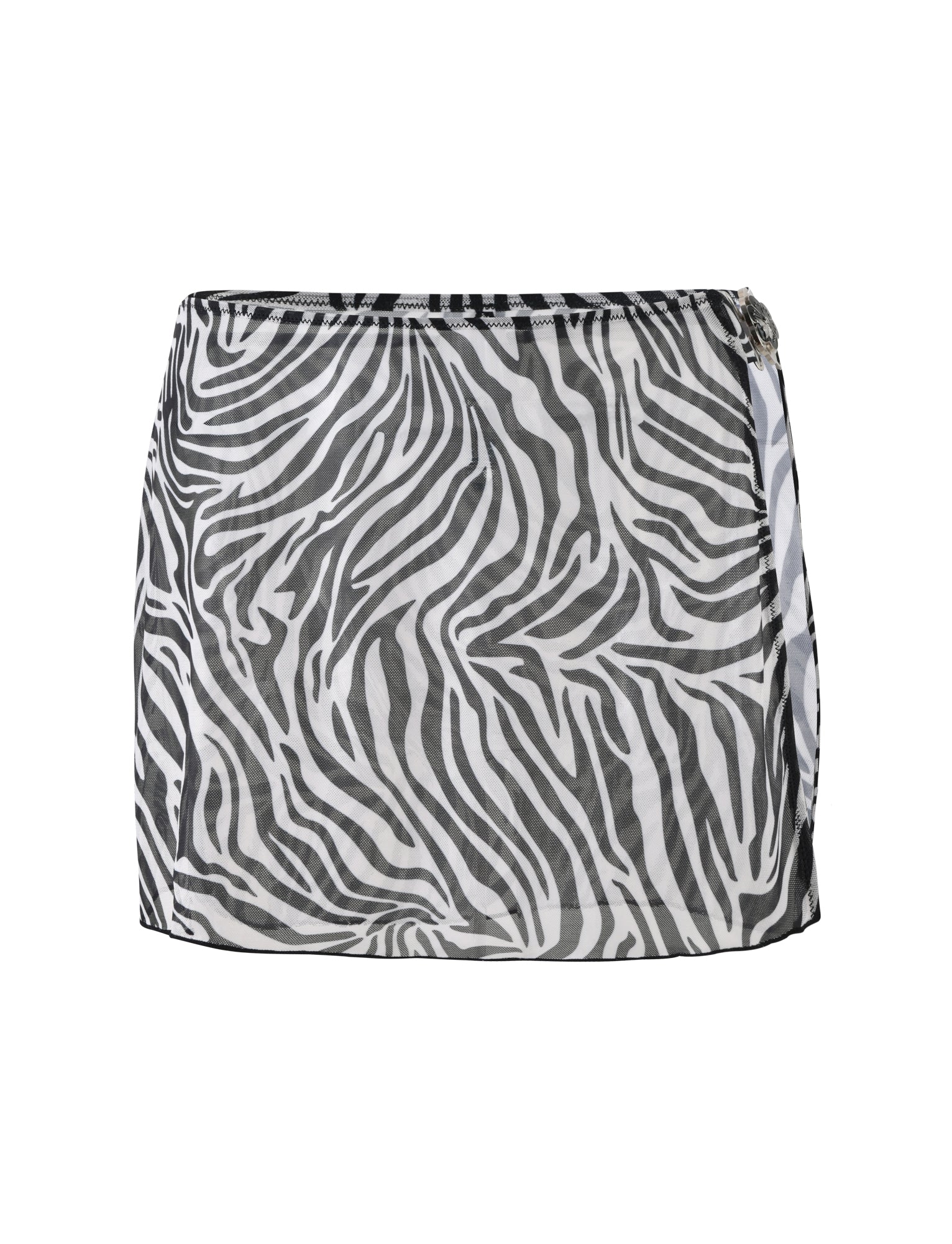 Check out the TIGERMIST Cynthia Mini Mesh Skirt in Black Zebra, a chic short skirt featuring a bold black and white zebra print design. This stylish wrap-around skirt has a slight overlap on one side with a buckle detail at the top for added flair. Made from lightweight, semi-sheer fabric, it's perfect for any fashionable outfit.