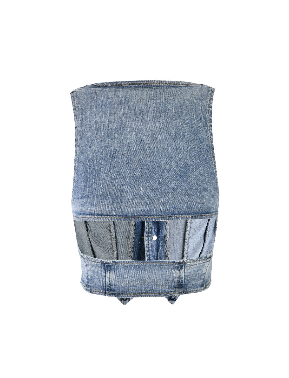 A blue denim Tatyana top from TIGERMIST, featuring a button-up front and multiple vertical pockets, displayed on a plain white background. The light wash vest has a rugged, casual appearance with visible seams and stitching details.