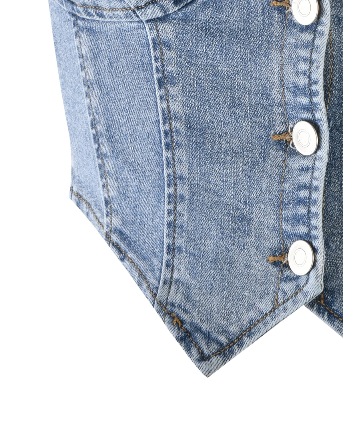 Close-up of the TIGERMIST TATYANA TOP - BLUE : LIGHT WASH : LIGHT DENIM vest with four white buttons. The fabric features a classic blue denim texture with visible stitching. The vest has a slightly curved hem at the bottom and is shown against a white background.
