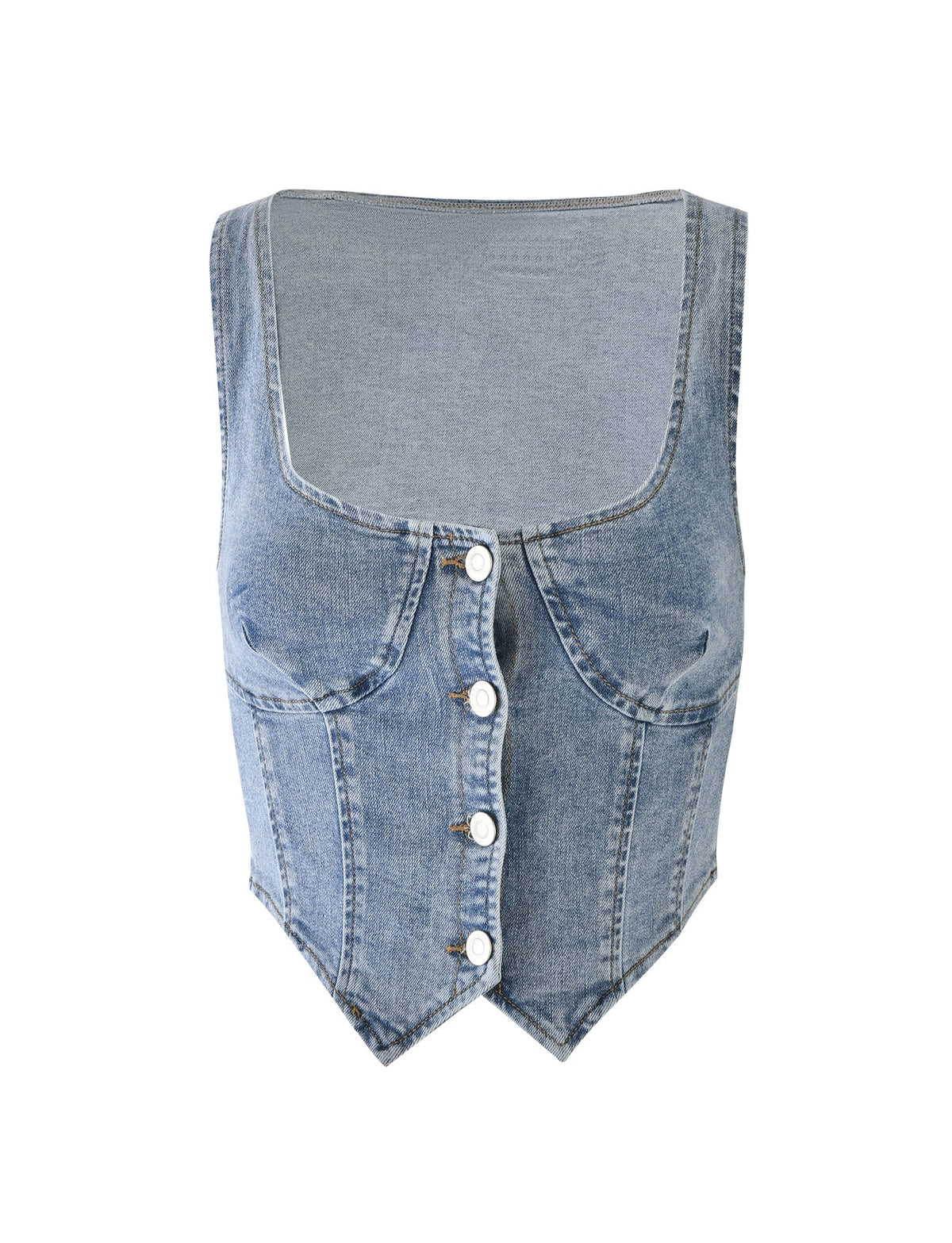 The TATYANA TOP - BLUE : LIGHT WASH : LIGHT DENIM from TIGERMIST is a light blue denim vest featuring a square neckline and five silver buttons down the front. It has faux pockets, intricate stitching details, and slightly faded material for a vintage look. Displayed on a plain white background, it exudes effortless style.