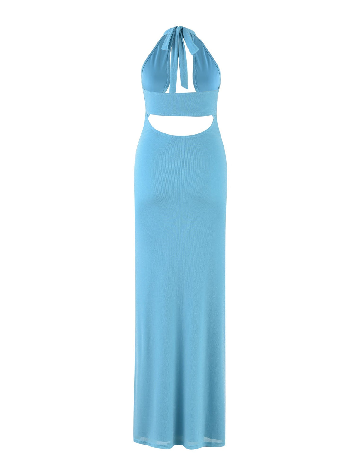 The TIANAH Maxi Dress by TIGERMIST in a baby blue, sparkle finish is a long, halter-neck dress featuring a keyhole cutout just below the bust. Its smooth fabric drapes gracefully to the floor, forming an elegant silhouette that is perfect for formal or semi-formal occasions. Simple yet stylish, this design embodies sophistication.