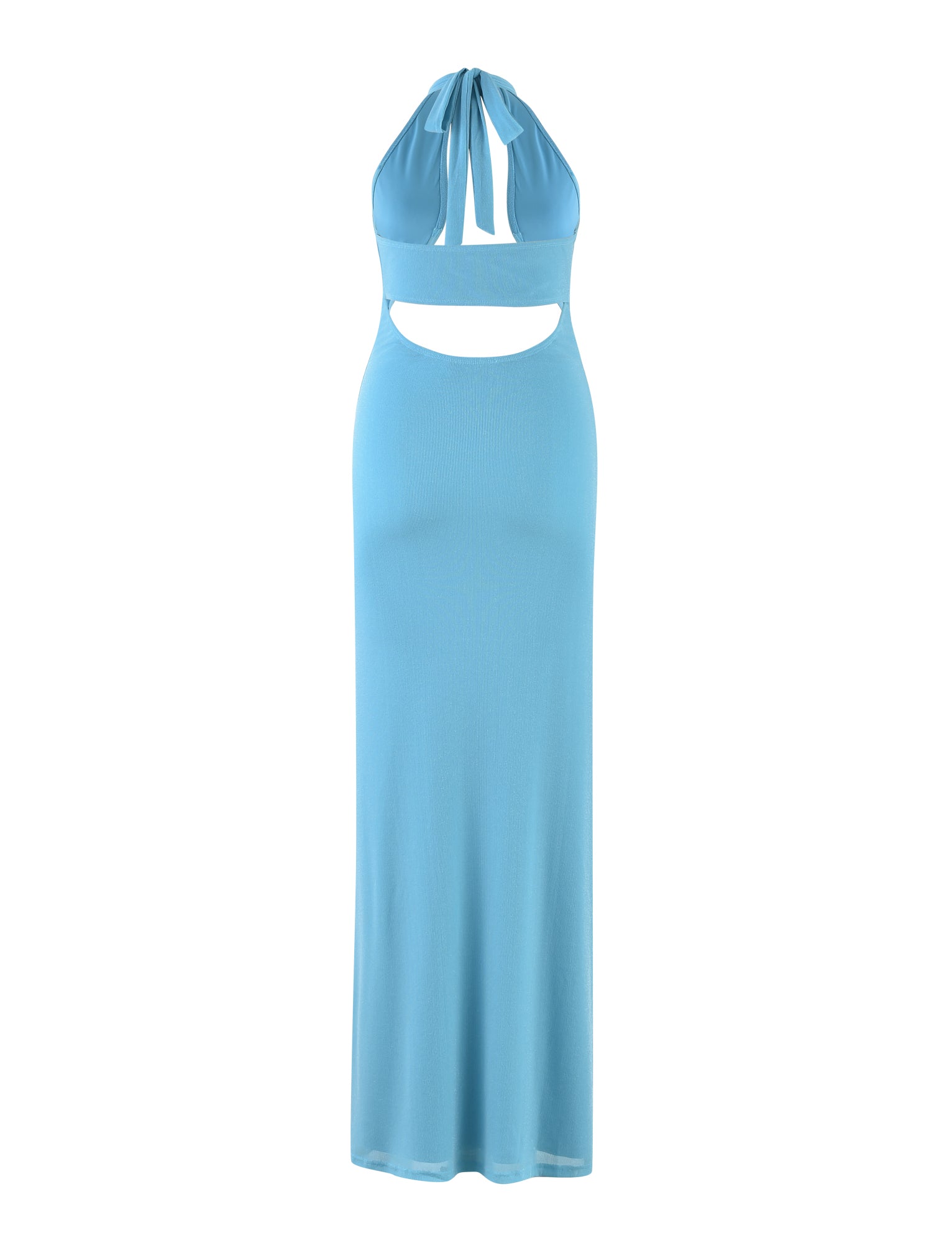 The TIANAH Maxi Dress by TIGERMIST in a baby blue, sparkle finish is a long, halter-neck dress featuring a keyhole cutout just below the bust. Its smooth fabric drapes gracefully to the floor, forming an elegant silhouette that is perfect for formal or semi-formal occasions. Simple yet stylish, this design embodies sophistication.