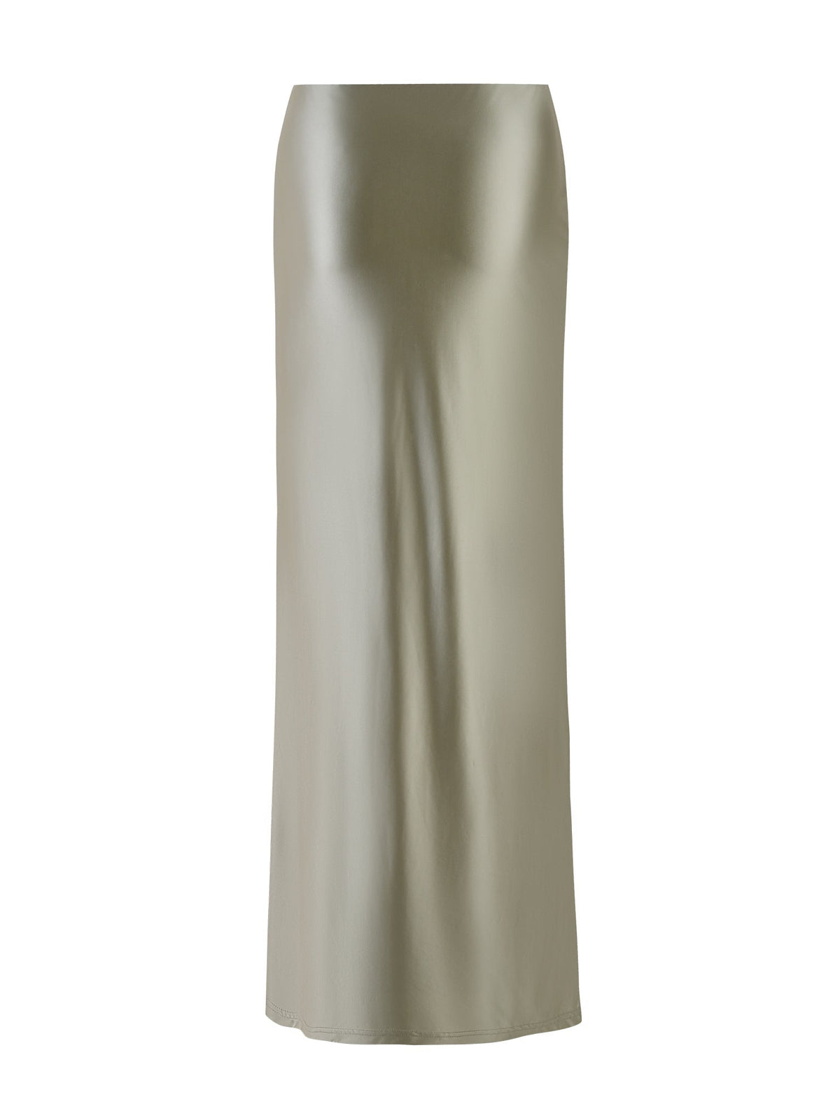 The THESSALY SKIRT by TIGERMIST features a high-waisted design in a matcha green color. This full-length satin skirt boasts a smooth and slightly shiny texture for an elegant and sleek appearance, with a straight cut that seamlessly falls to the ankle.