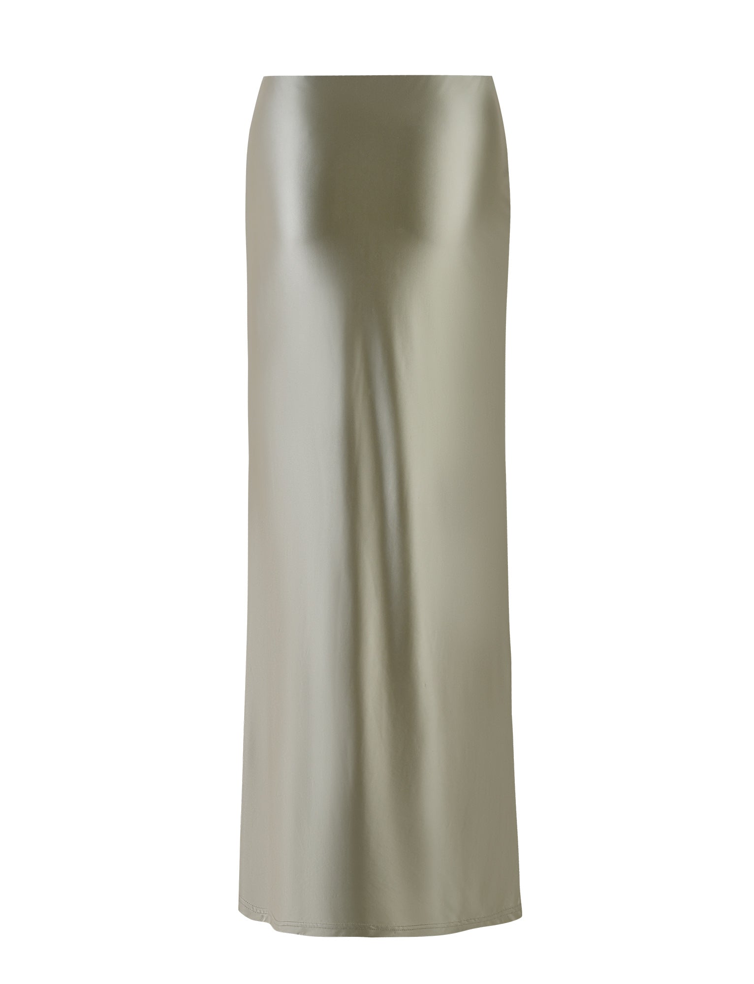The THESSALY SKIRT by TIGERMIST features a high-waisted design in a matcha green color. This full-length satin skirt boasts a smooth and slightly shiny texture for an elegant and sleek appearance, with a straight cut that seamlessly falls to the ankle.