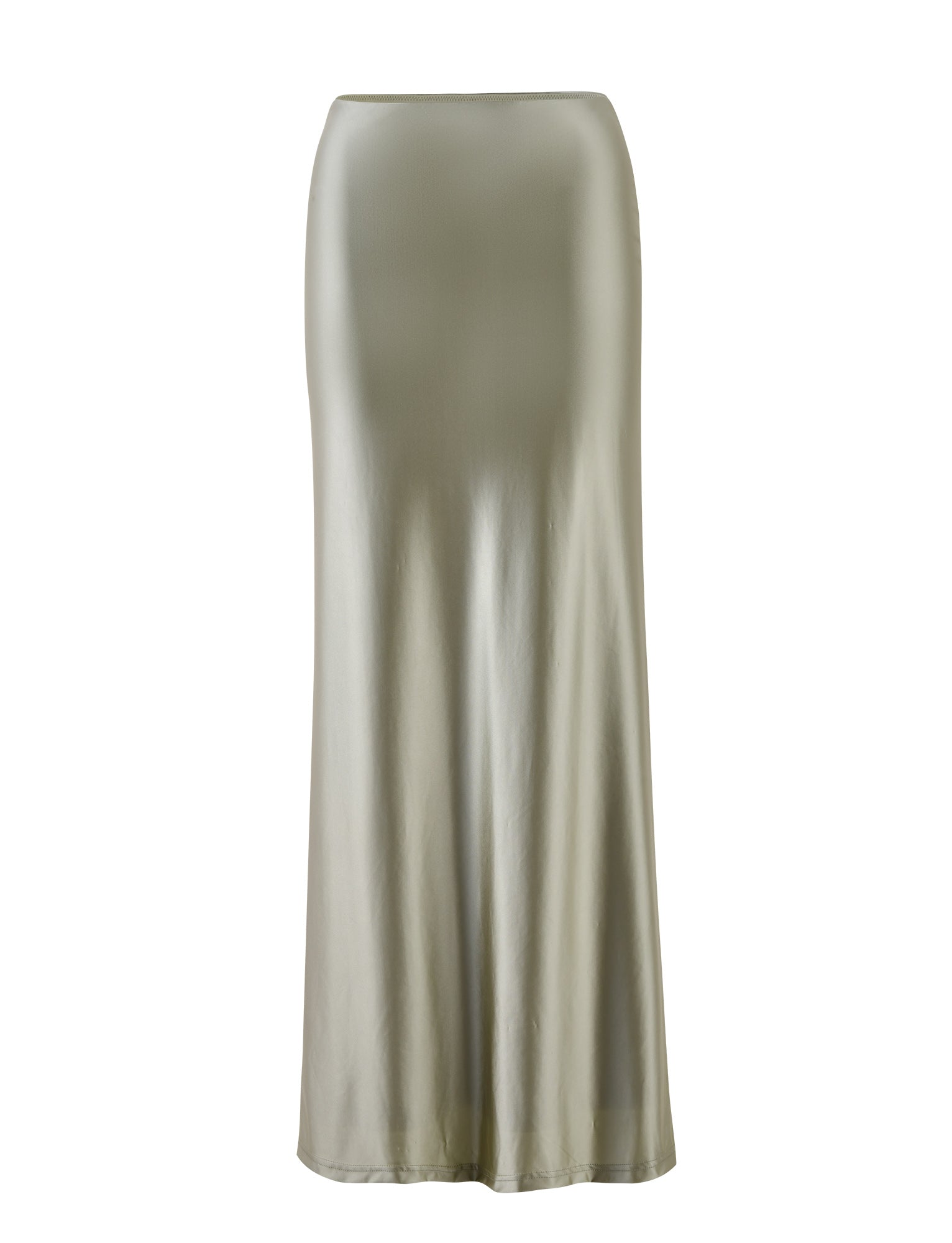 Introducing the Thessaly Skirt by TigerMist in a serene matcha green. This full-length skirt boasts a smooth, flowing satin texture with a slight sheen that adds an elegant touch. It features a high waist and maintains a simple, straight silhouette without any visible seams, zippers, or embellishments.