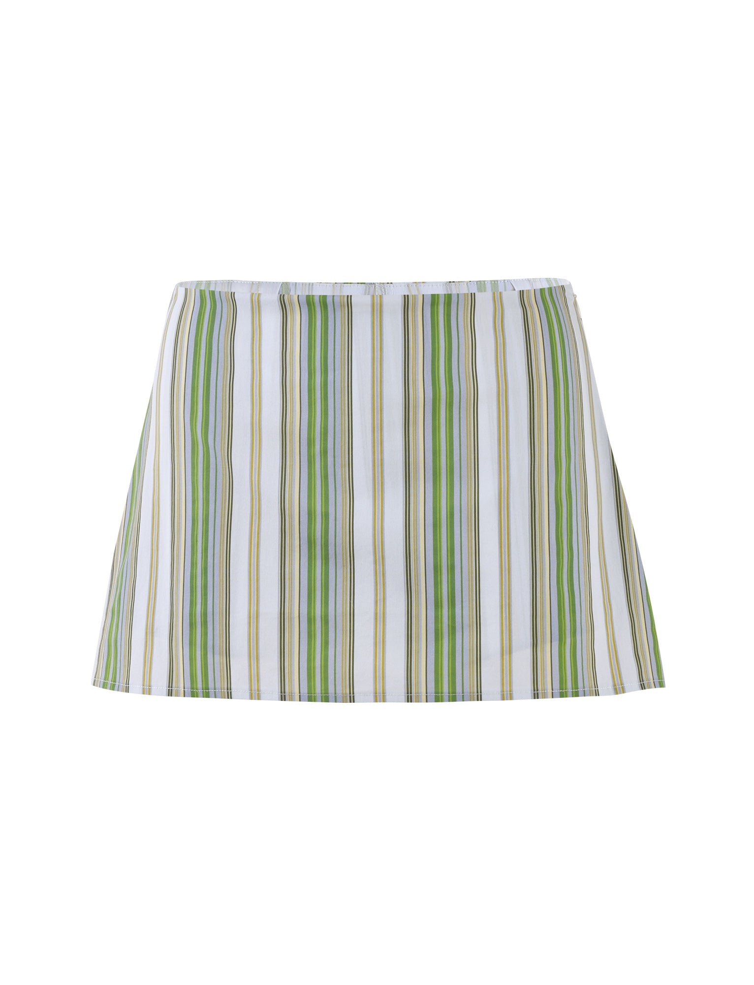 The LILIOSA SKORT - GREEN : STRIPE from TIGERMIST features a pattern of vertical stripes in green, yellow, and white. This skort showcases a simple A-line silhouette and boasts a clean, minimalist look.