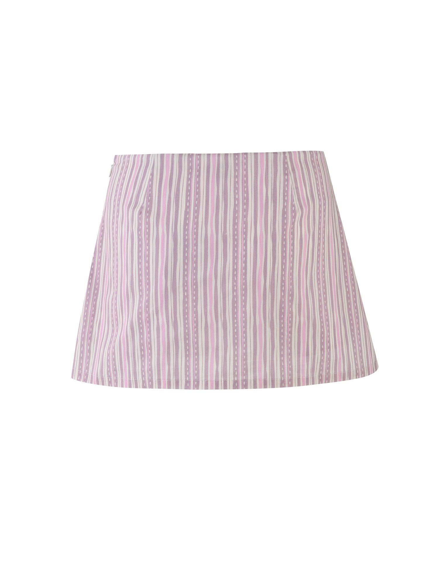 Image of the Liliosa Skort by TIGERMIST. This high-waisted skirt showcases a flared silhouette and features vertical pink and white pinstripes, with alternating patterns of thin and thicker lines that form a subtle, symmetrical design. The fabric appears lightweight, making it ideal for warmer weather.