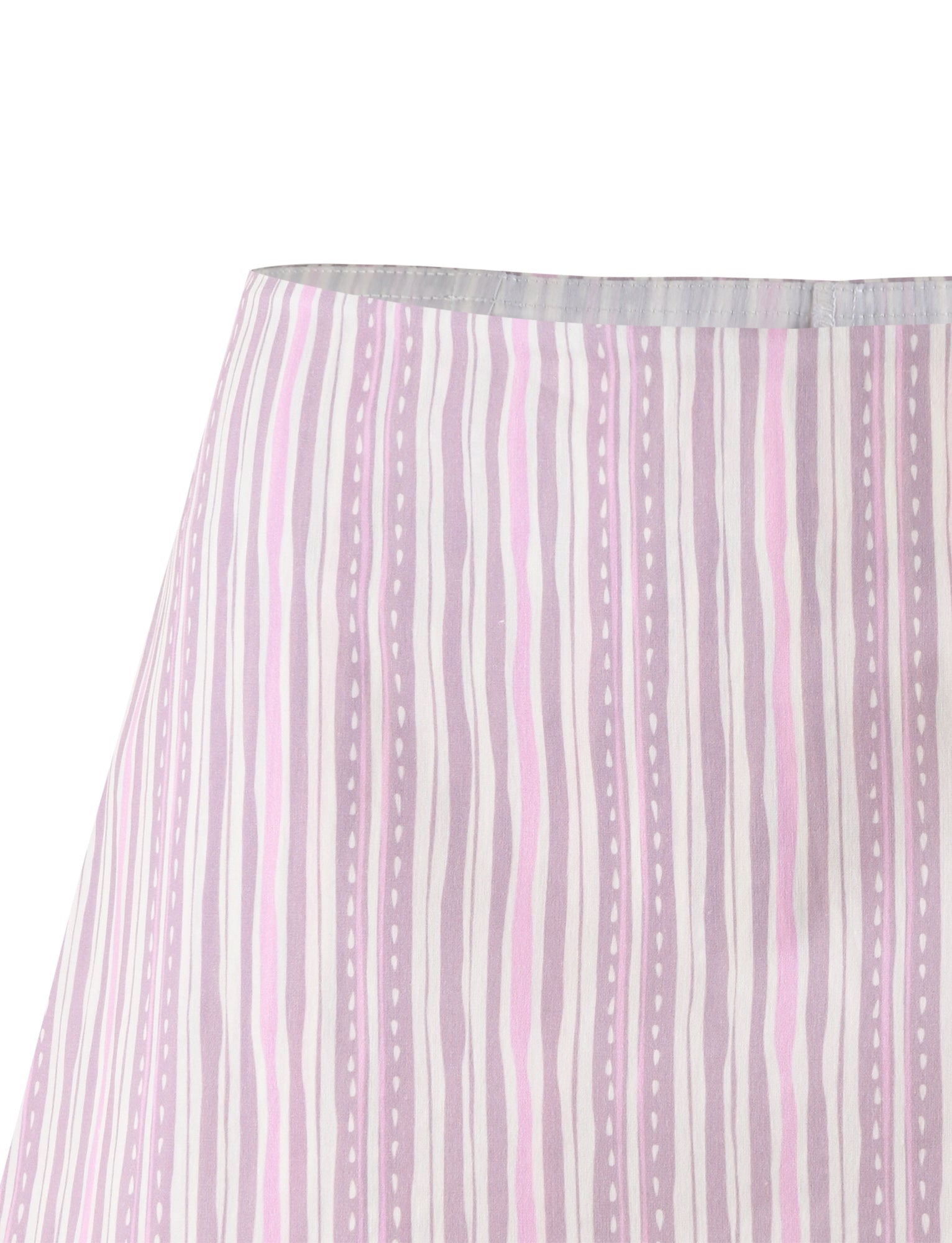 Close-up of the Liliosa Skort from TigerMist, showcasing a vertical pinstripe pattern in shades of pink, purple, and white. The stripes vary in width and are interspersed with small dotted lines. The fabric appears to be part of this stylish skort.