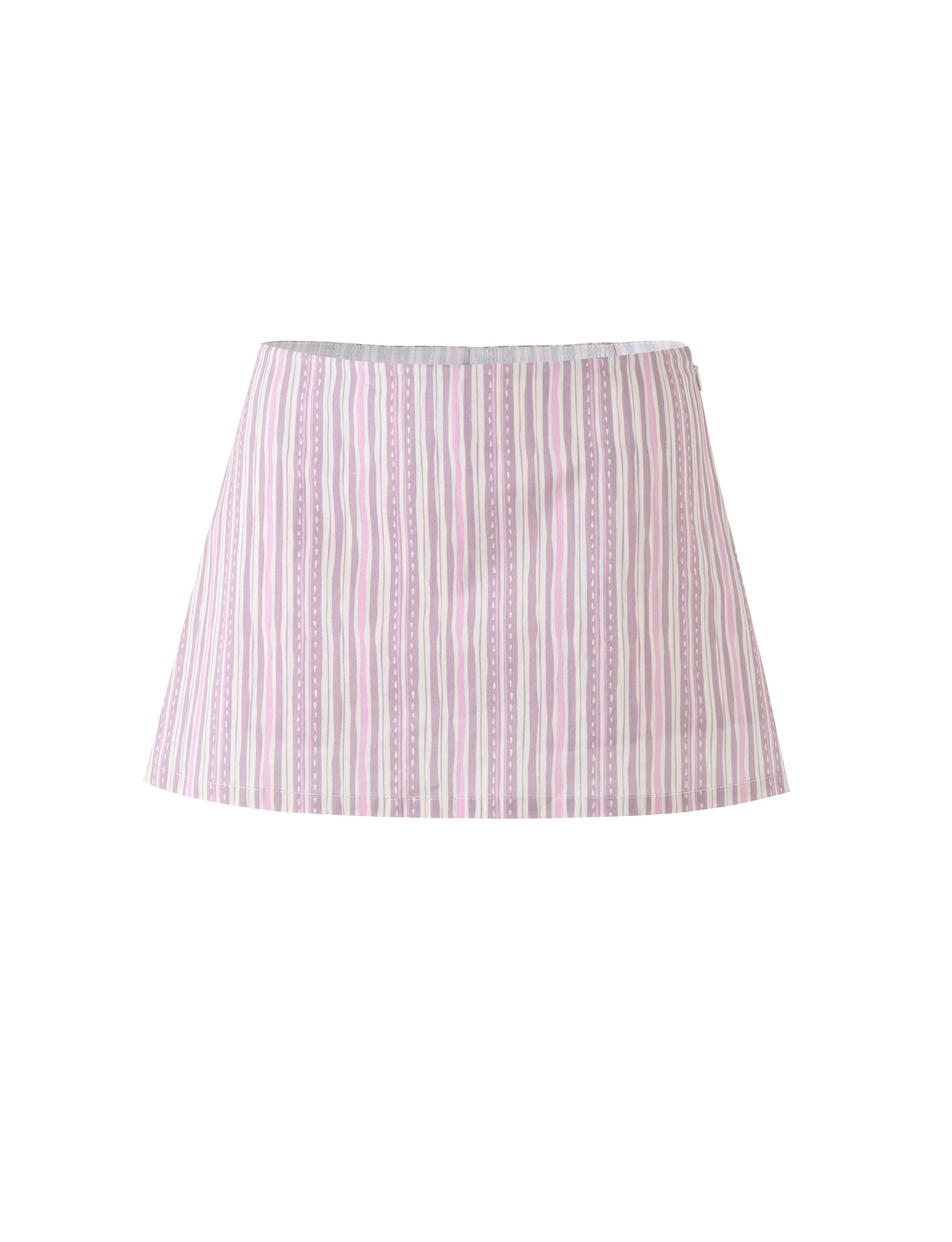 The LILIOSA Skort by TIGERMIST comes in a pink pinstripe design. This mini skirt features a subtle wave pattern and has a straightforward, straight-cut design with a slight A-line shape, free of visible buttons or zippers.