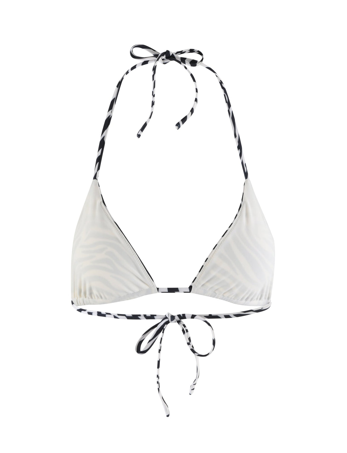 The TIGERMIST DIVINA BIKINI TOP - BLACK : ZEBRA features a halter neck and back ties. The fabric is white with faint zebra stripes, while the ties are predominantly black with white stripes. This minimalistic design showcases thin straps for a sleek look.