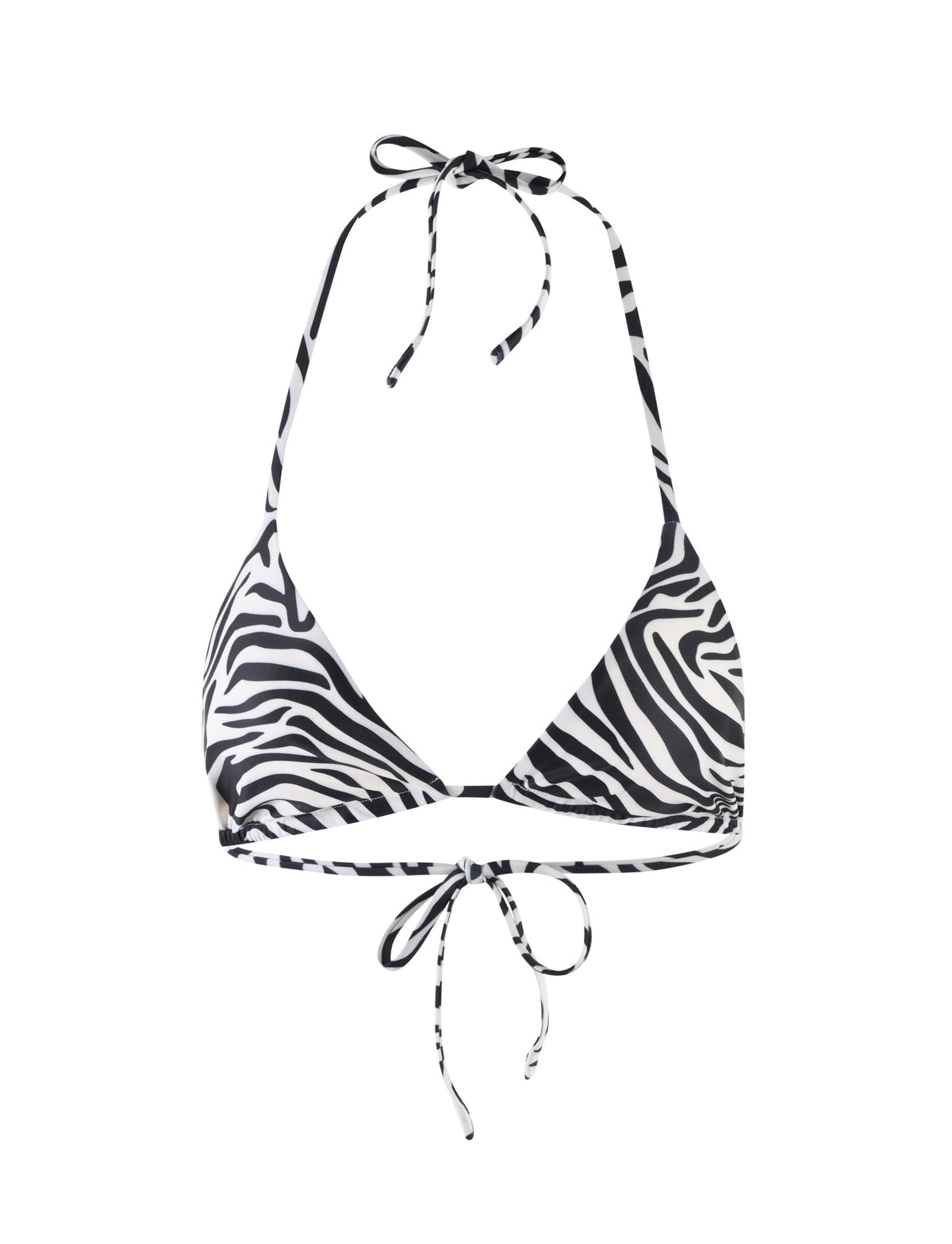 The DIVINA BIKINI TOP - BLACK : ZEBRA by TIGERMIST features a simple design with triangular cups. It comes with thin halter neck straps and a tie closure at the back. The fabric showcases black and white zebra-print stripes.