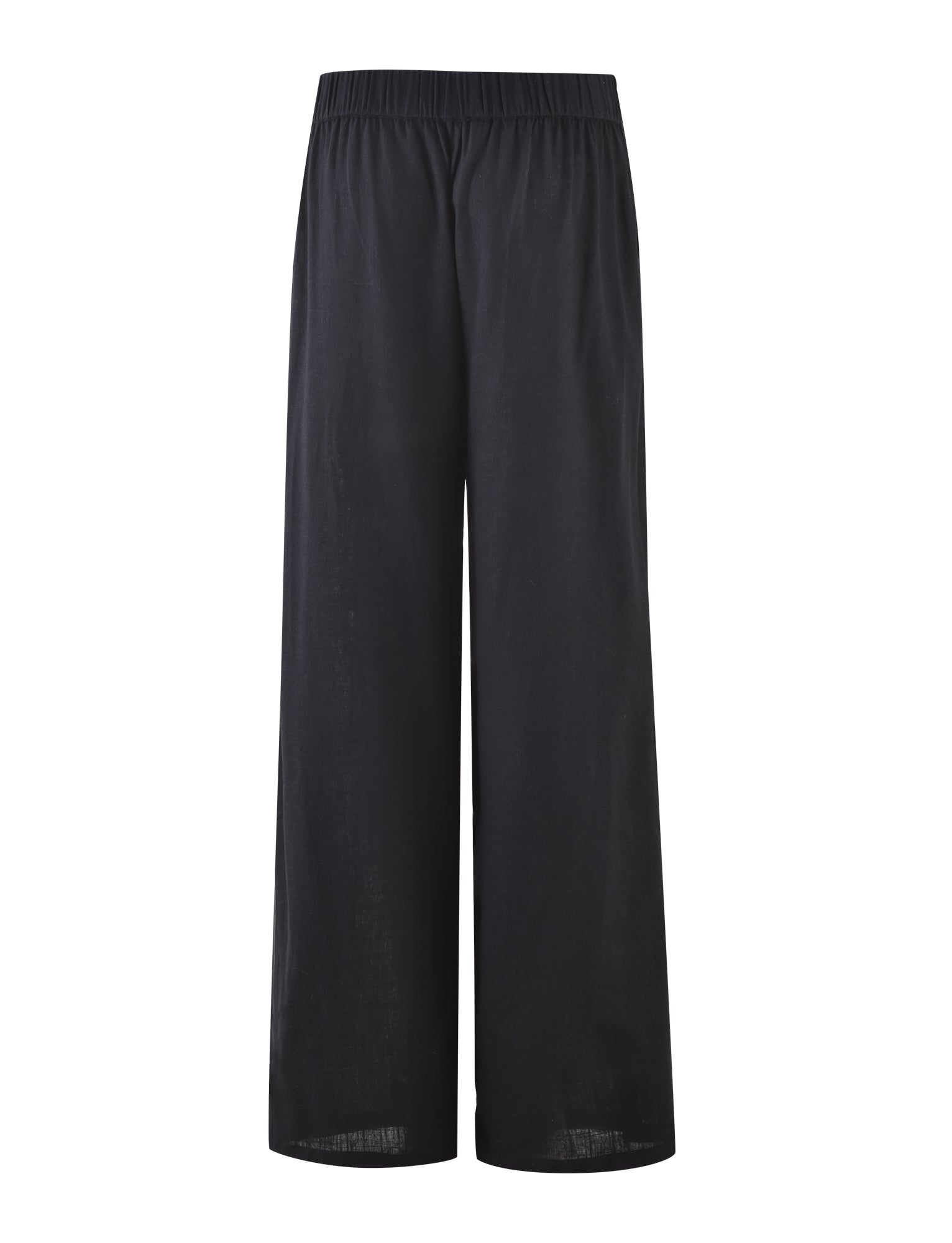 A pair of AIDEN PANT - BLACK from TIGERMIST, displayed on a plain white background. These wide-leg pants feature an elastic waistband and offer a loose, comfortable fit with a simple, minimalist design.