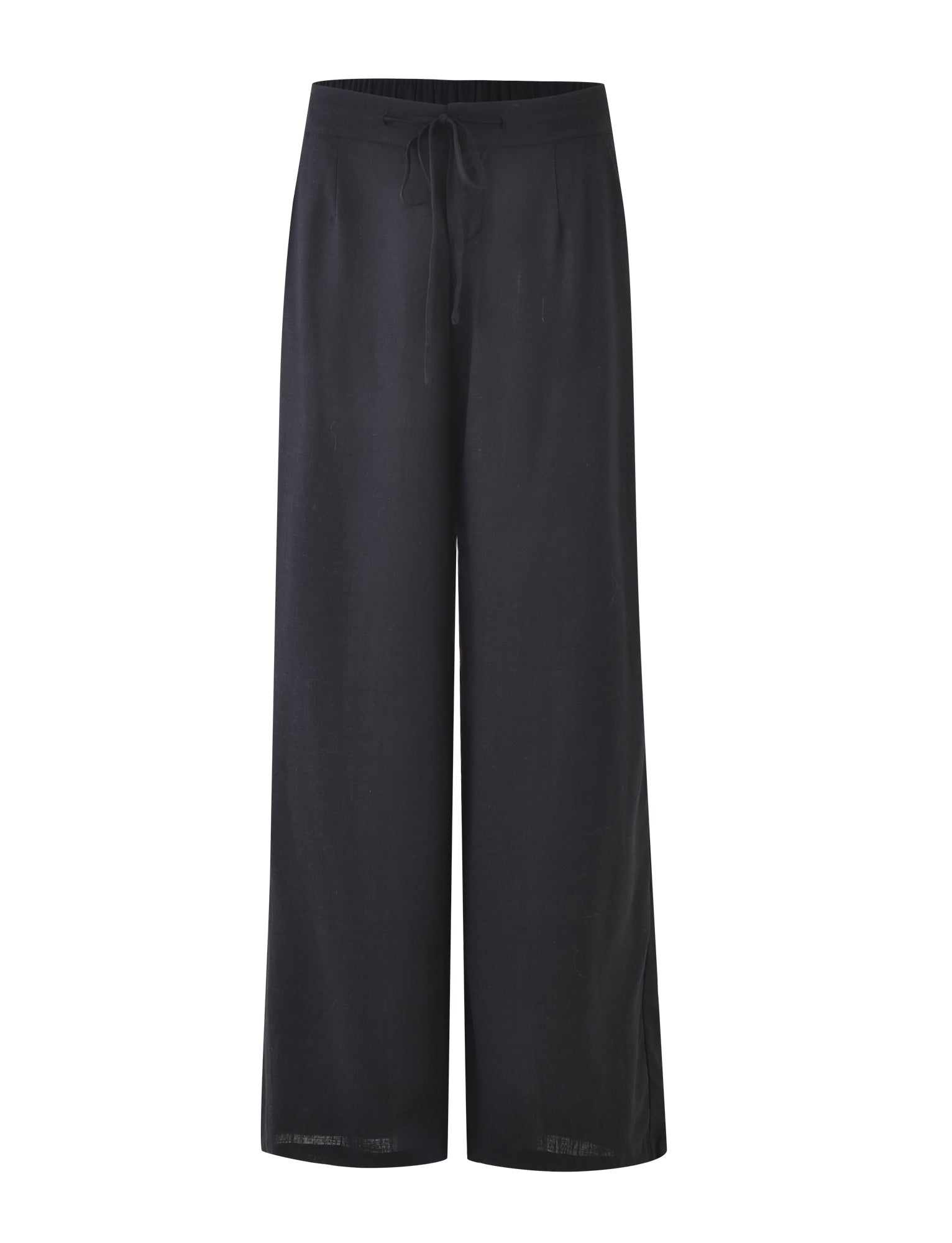 Introducing the AIDEN PANT - BLACK from TIGERMIST: a pair of loose-fitting, wide-leg black pants featuring an elastic waistband and drawstring tie. These pants boast a relaxed, flowy design, making them perfect for casual wear.