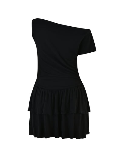 Introducing the IYANNA DRESS - BLACK by TIGERMIST: a sophisticated one-shoulder dress featuring a fitted bodice and a two-tiered, ruffled skirt. This elegant piece includes a short sleeve on one side and is crafted from lightweight fabric. It is showcased against a plain white background.