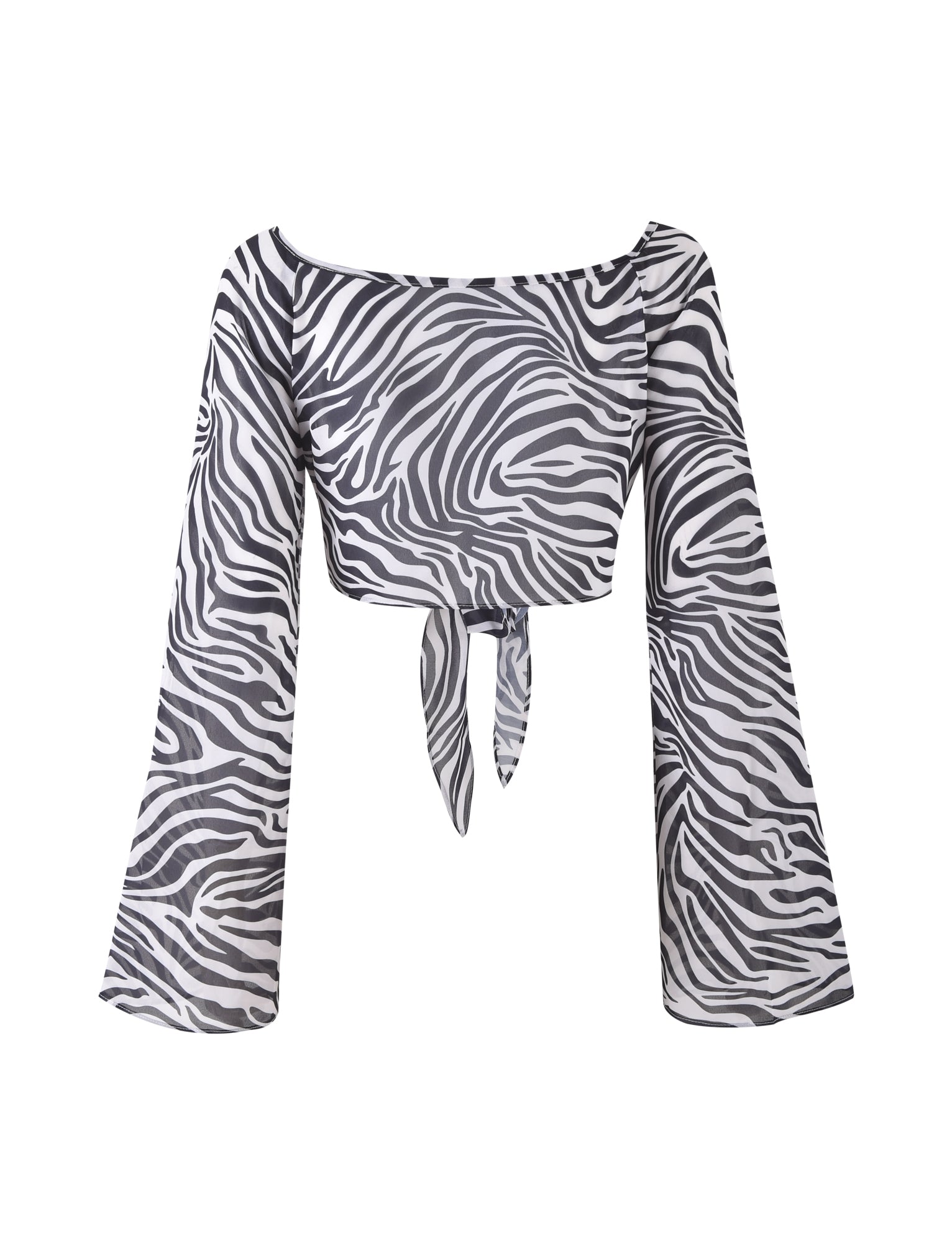 The AYESHA TOP - BLACK : ZEBRA from TIGERMIST is a long-sleeved crop top featuring an off-the-shoulder design and a front tie knot. The top showcases a striking black and white zebra print pattern, with wide, flared sleeves adding to its stylish appeal.