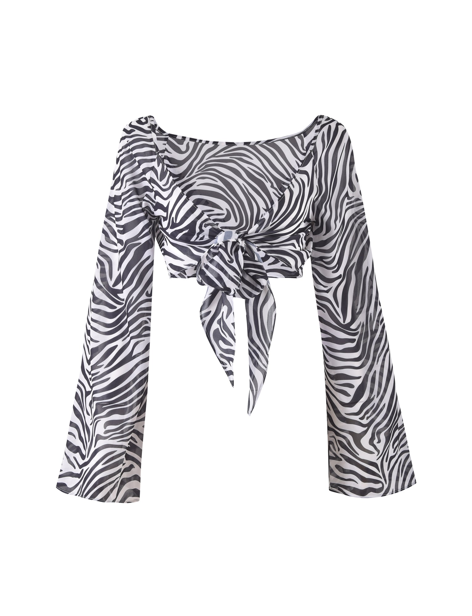 The AYESHA TOP - BLACK : ZEBRA from TIGERMIST is a black-and-white zebra-print long-sleeve crop top featuring a boat neckline and a front tie detail. The wide, flowy sleeves and the lightweight fabric enhance its sleek appeal.