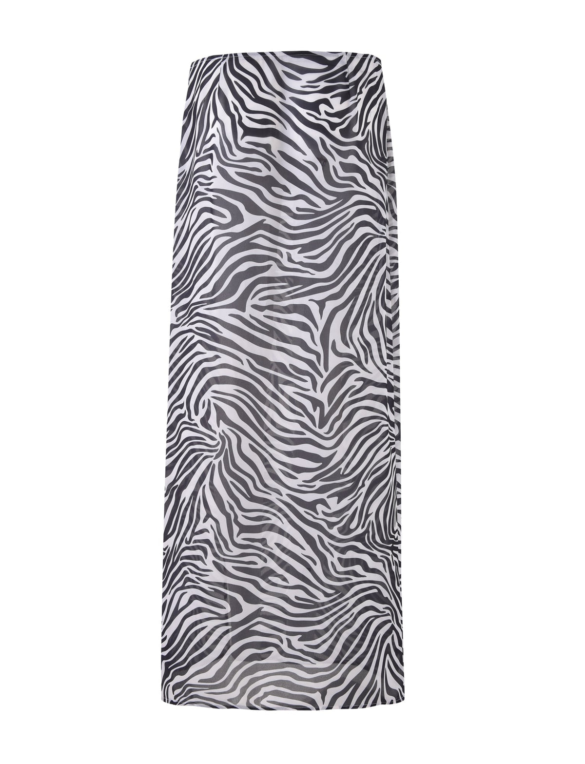 The AYESHA SKIRT - BLACK : ZEBRA from TIGERMIST is a black and white zebra print midi skirt featuring a fitted waistband and straight silhouette. It boasts bold, wavy stripes throughout the fabric for a distinctive and stylish appearance. Extending below the knees, this skirt has a smooth texture.